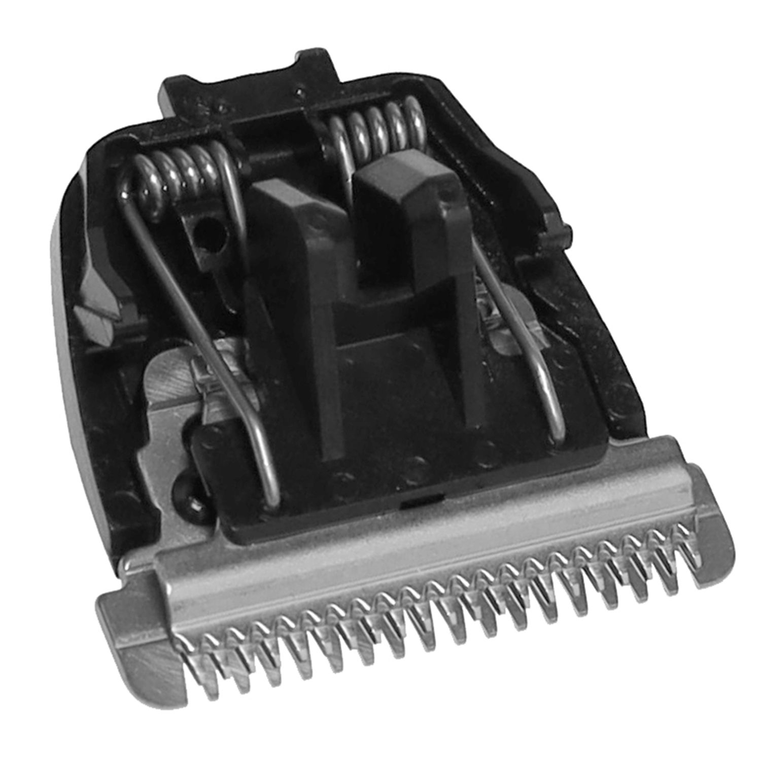 Haarschneideklinge mit Federn und schwarzem Kunststoffgehäuse. Metallklinge mit gezahnten Schneidekanten.