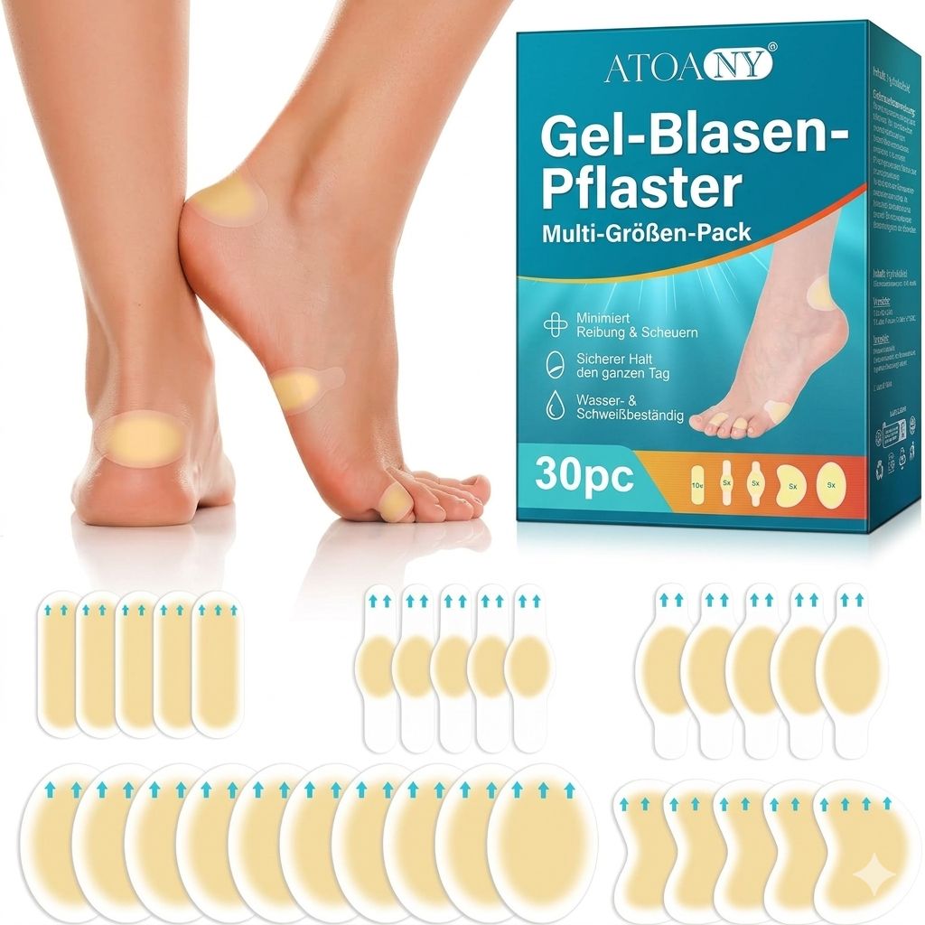 Blasenpflaster-Packung mit 30 Stück. Gezeigt sind verschiedene Formen und Größen. Anwendung auf Ferse, Zeh, Ballen und Sohle.