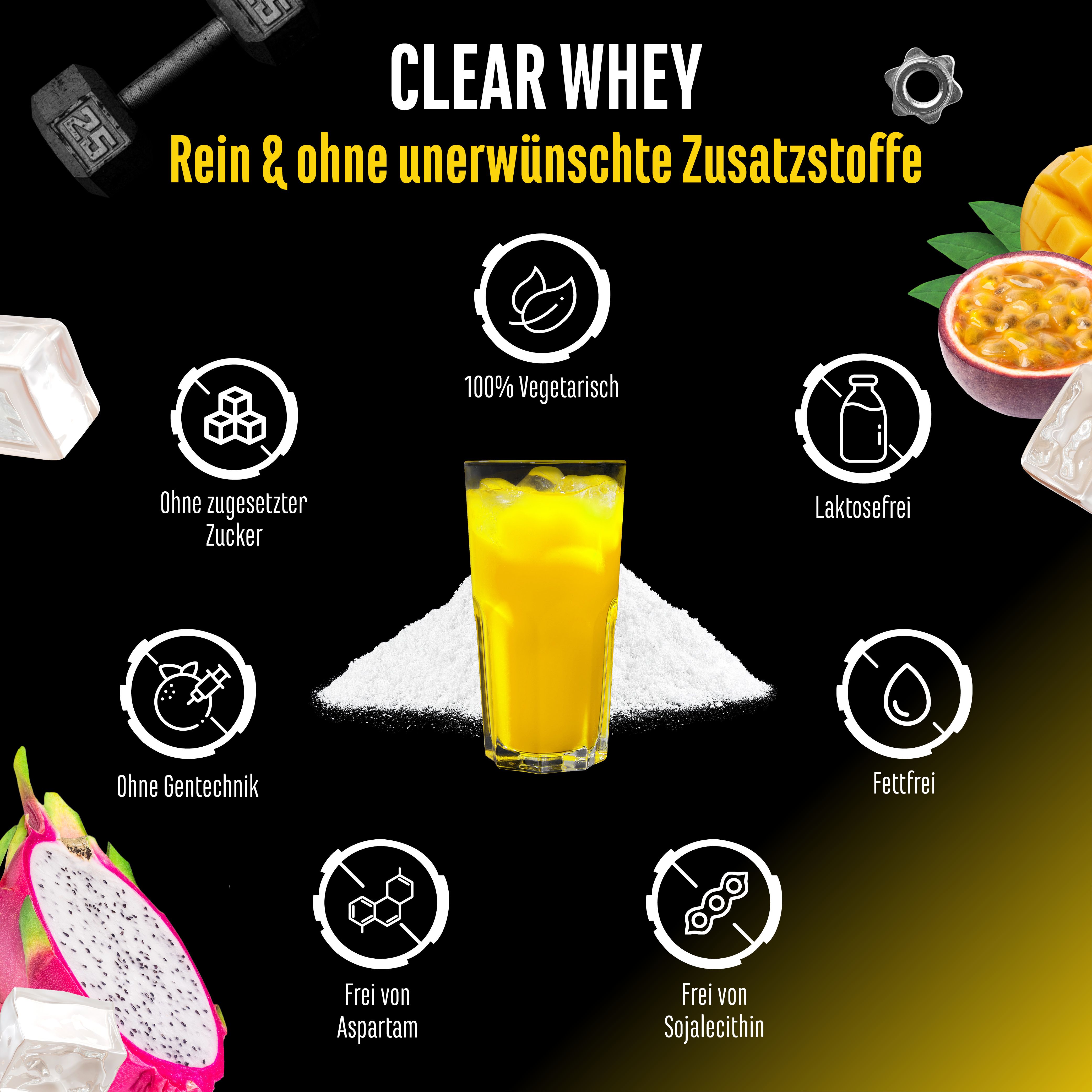 Grafik mit "CLEAR WHEY". Ohne Zucker, Gentechnik, Aspartam, Sojalecithin. 100% vegetarisch, laktosefrei, fettfrei. Mit Getränk.