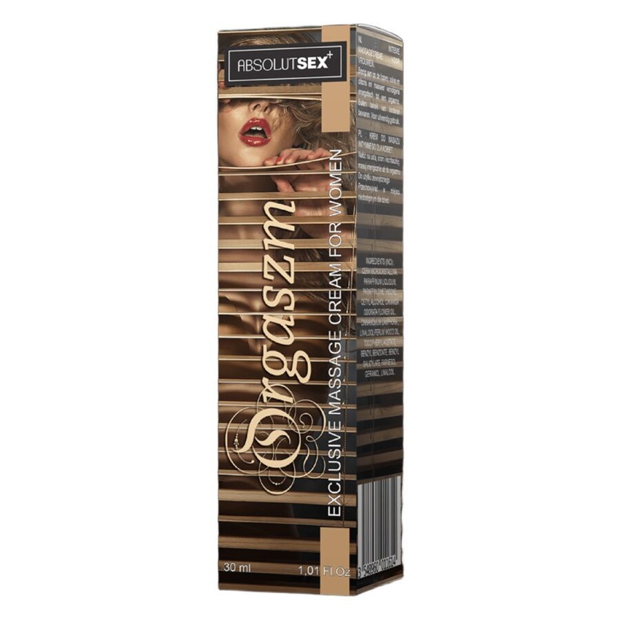Braune Verpackung mit Frauengesicht und Schriftzug. Aufschrift: ABSOLUT SEX, Orgaszm, Exclusive Massage Cream for Women, 30 ml.