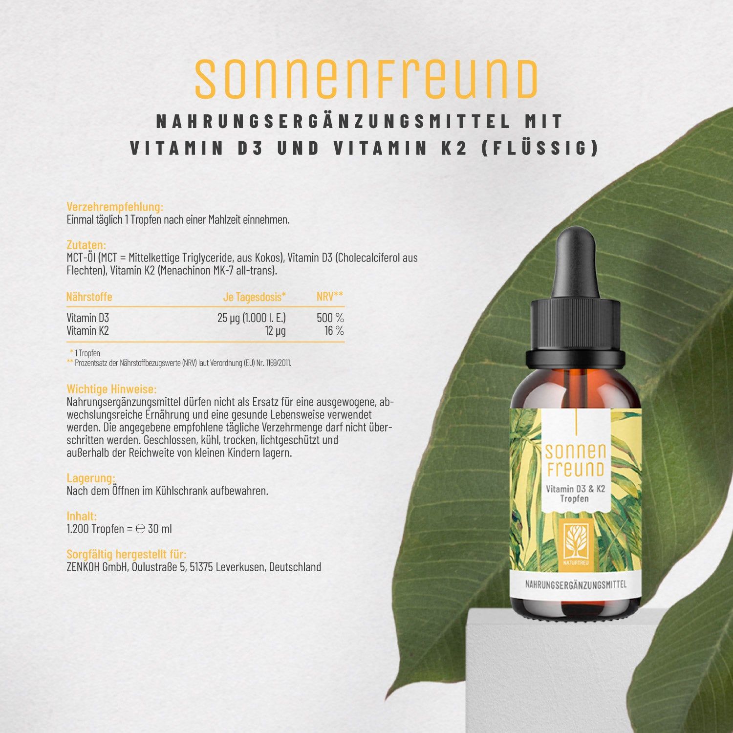 Flasche SONNENFREUND: Nahrungsergänzungsmittel mit Vitamin D3 und K2 (flüssig).
