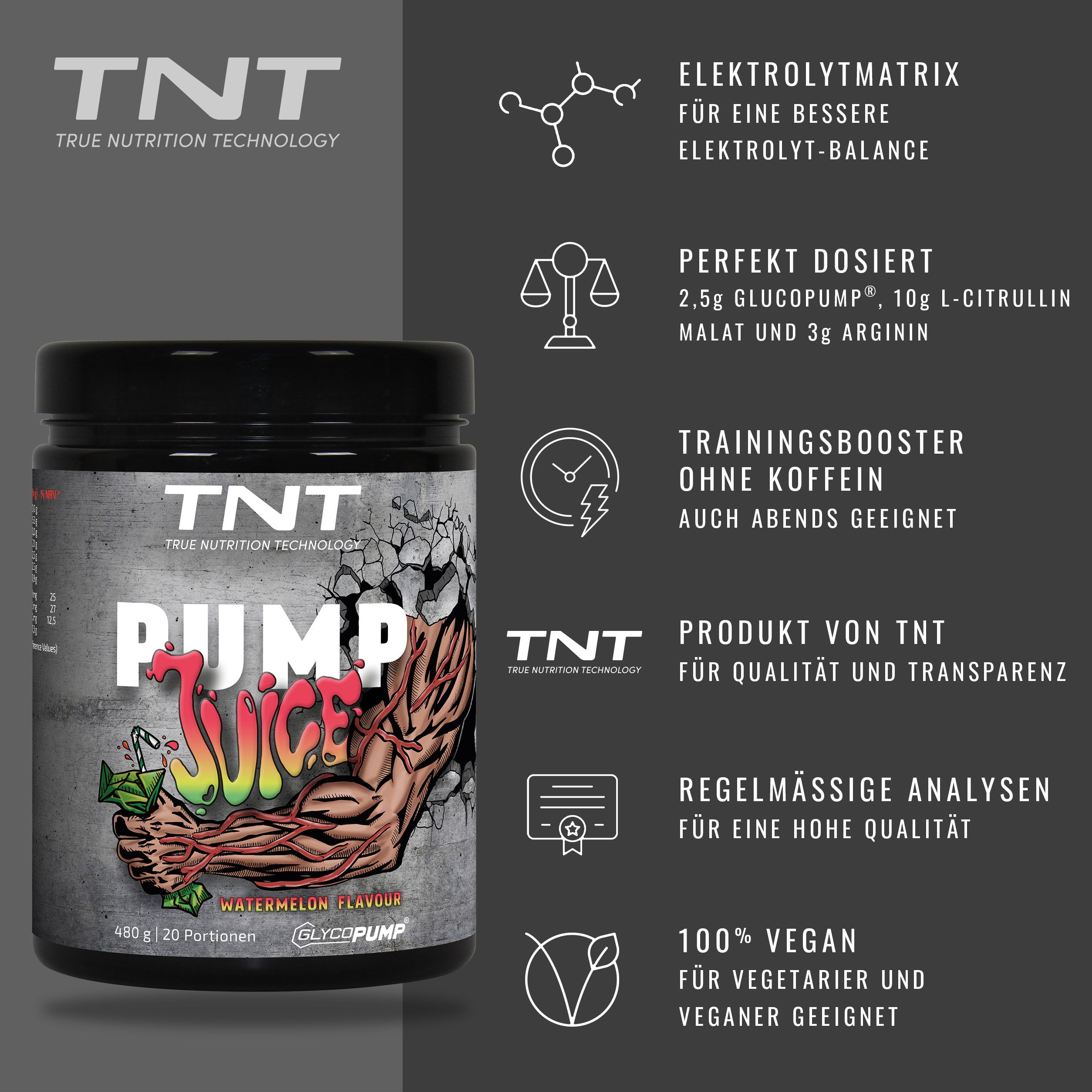TNT Pump Juice Dose mit Text und Grafiken. Enthält Informationen zu Inhaltsstoffen und Eigenschaften. Vegan.
