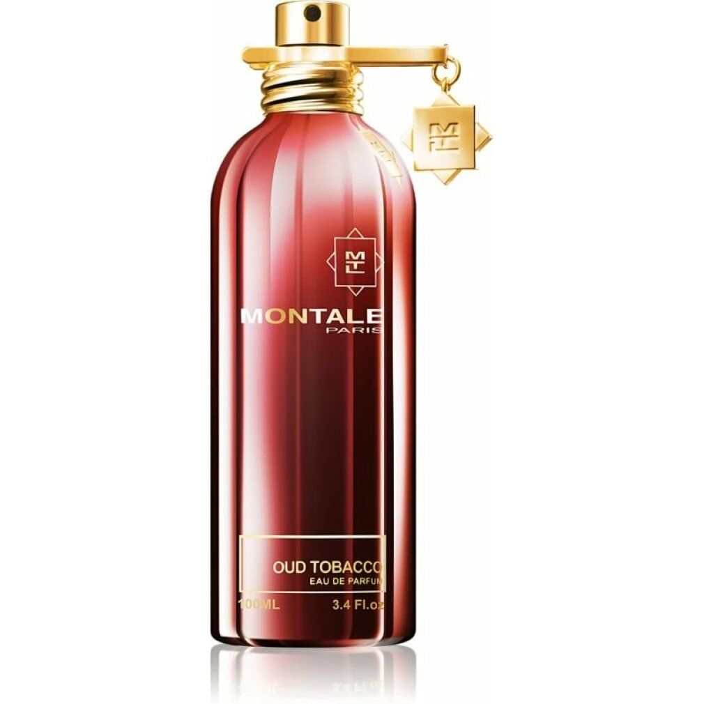 Roter Flakon mit goldfarbenem Verschluss und Anhänger. Aufschrift: MONTALE PARIS, Oud Tobacco, Eau de Parfum.