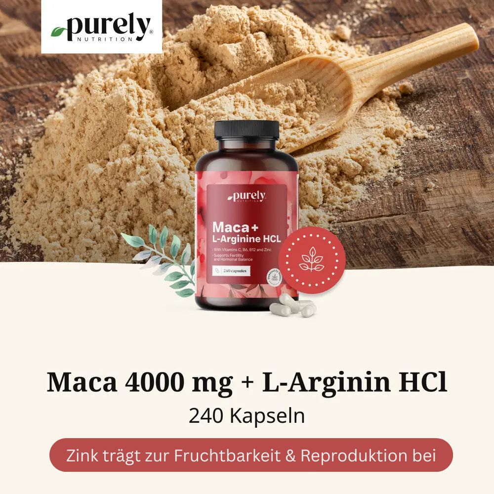 Braune Flasche mit Aufschrift: Maca 4000 mg + L-Arginin HCl, 240 Kapseln. Daneben Maca-Pulver und Holzlöffel.