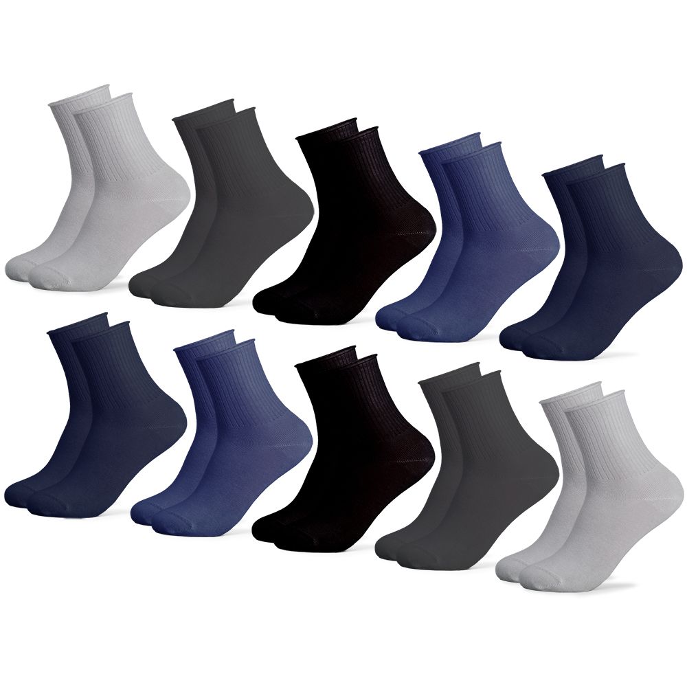 Zehn Paar Socken in verschiedenen Farben: Weiß, Grau, Schwarz, Blau. Rippstrickbündchen. Angeschnittene Ansicht.