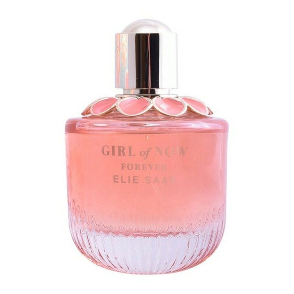 Parfümflakon mit silberfarbenem Verschluss und rosa Flüssigkeit. Aufschrift: Girl of Now Forever, Elie Saab.