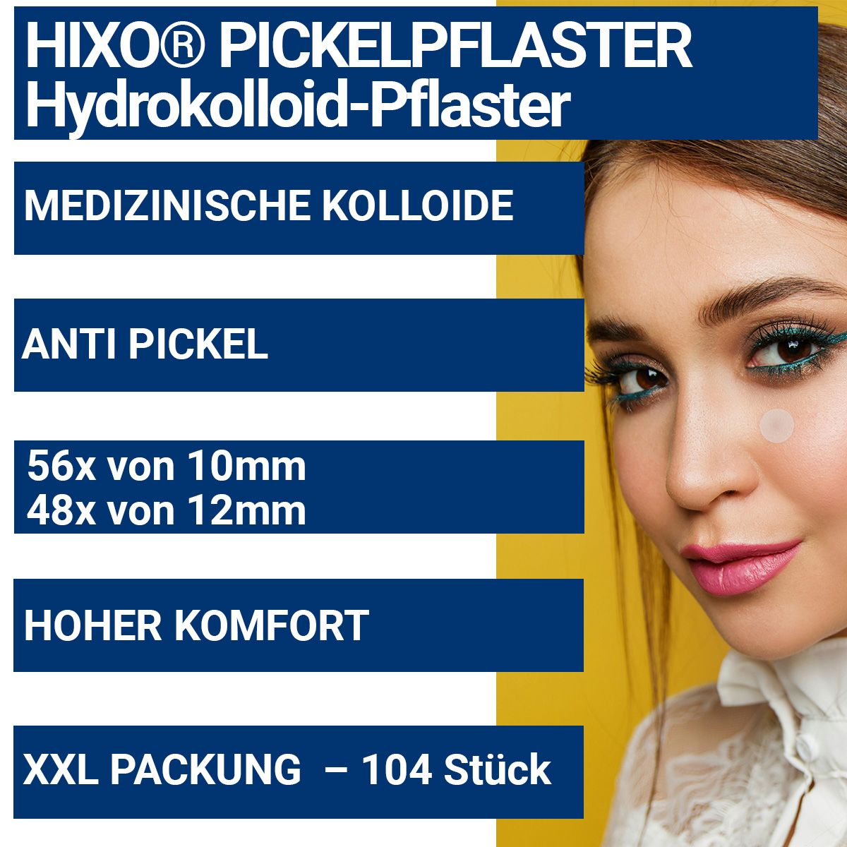 Packung Pickel Pflaster, 104 Stück. Enthält 56 x 10mm und 48 x 12mm Pflaster. Aufschrift: Medizinische Kolloide, Anti Pickel, hoher Komfort.