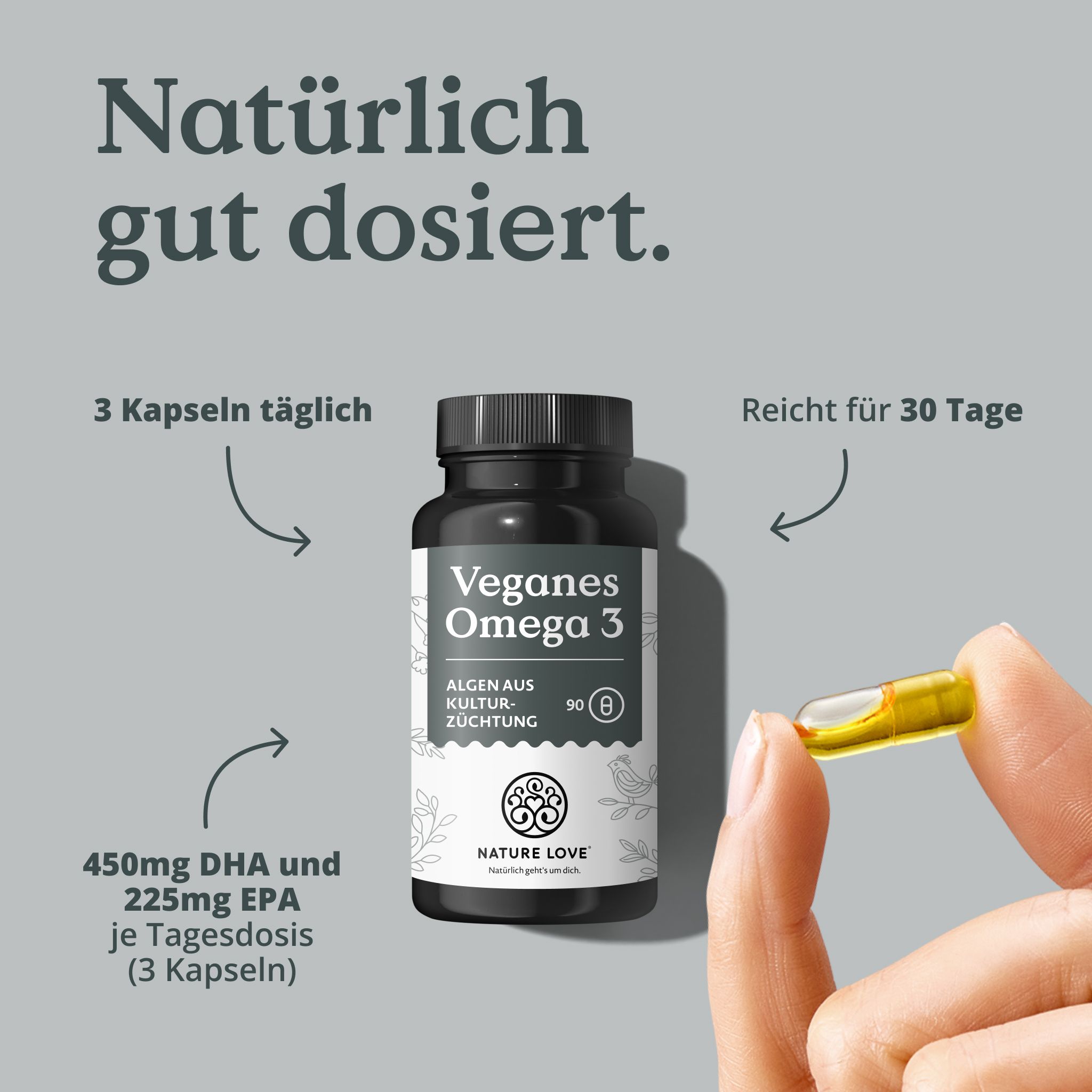 Flasche mit veganen Omega-3-Kapseln, eine Kapsel wird gezeigt.
