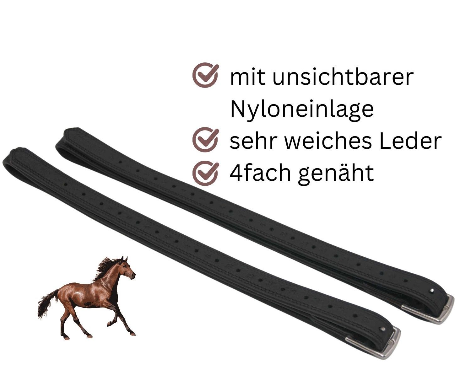 Zwei schwarze Steigbügelriemen mit Metallschnallen. Text: Nylon, weiches Leder, 4-fach genäht. Pferd-Illustration.