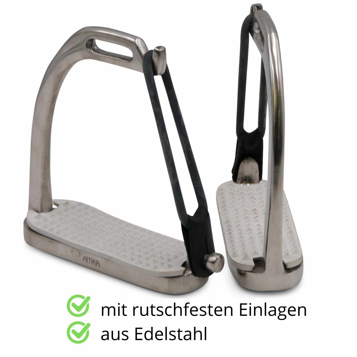 Sicherheitssteigbügel aus Edelstahl mit rutschfesten Einlagen. Text: mit rutschfesten Einlagen aus Edelstahl.