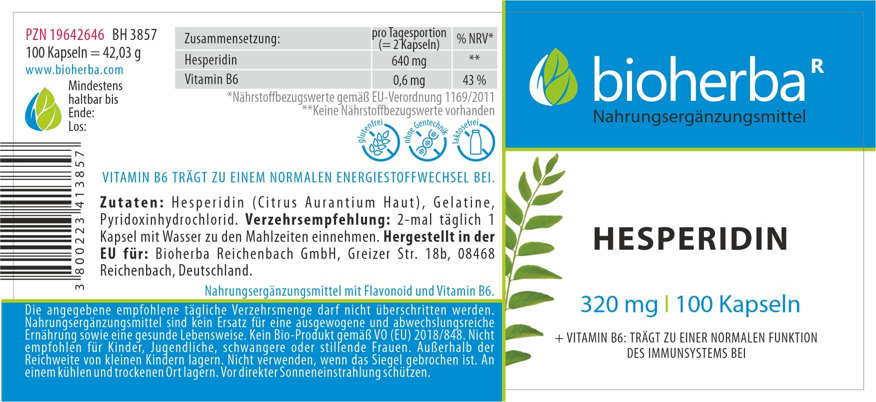 Etikett mit Produktinformationen. Hesperidin 320 mg, 100 Kapseln. Marke: bioherba. PZN 19642646. Enthält Vitamin B6.