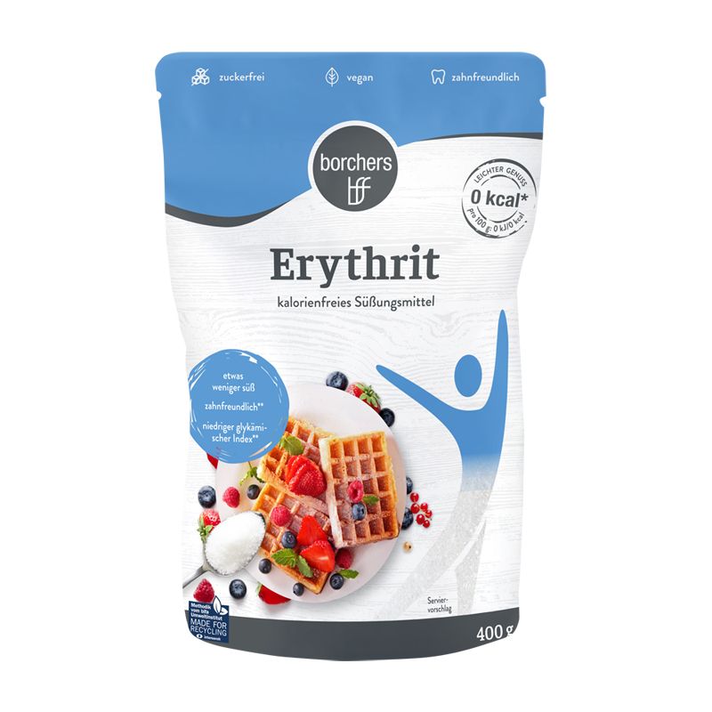 Borchers Erythrit, kalorienfreies Süßungsmittel, 400g Beutel. Produktabbildung mit Dekoration.