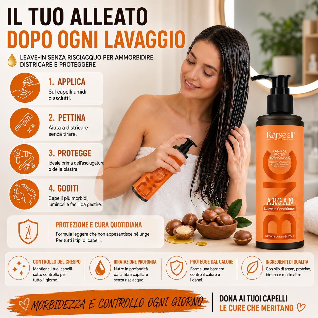 Orangefarbene Flasche mit schwarzem Pumpspender, Karaseel Argan Leave-In Conditioner.