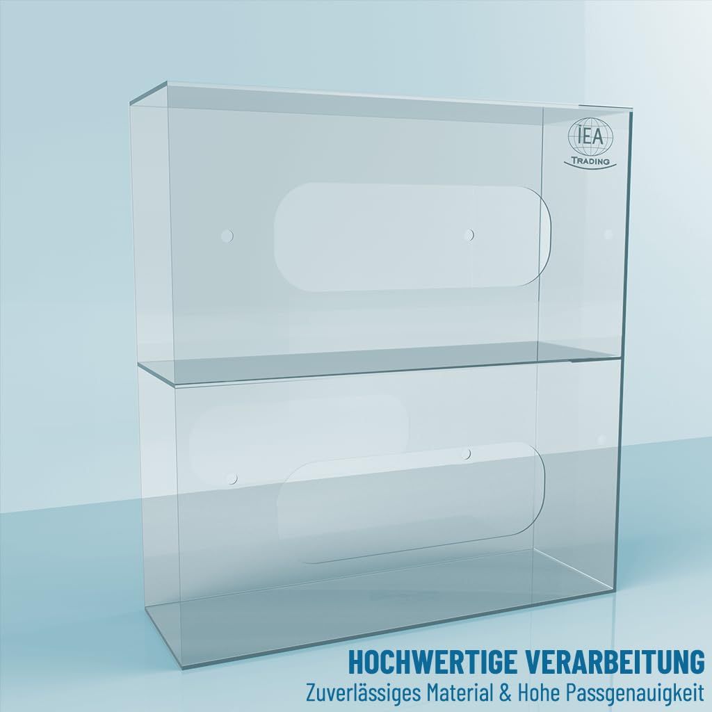 Doppelter Acryl-Handschuhspender, schwebend dargestellt, mit Ausgabefenstern.