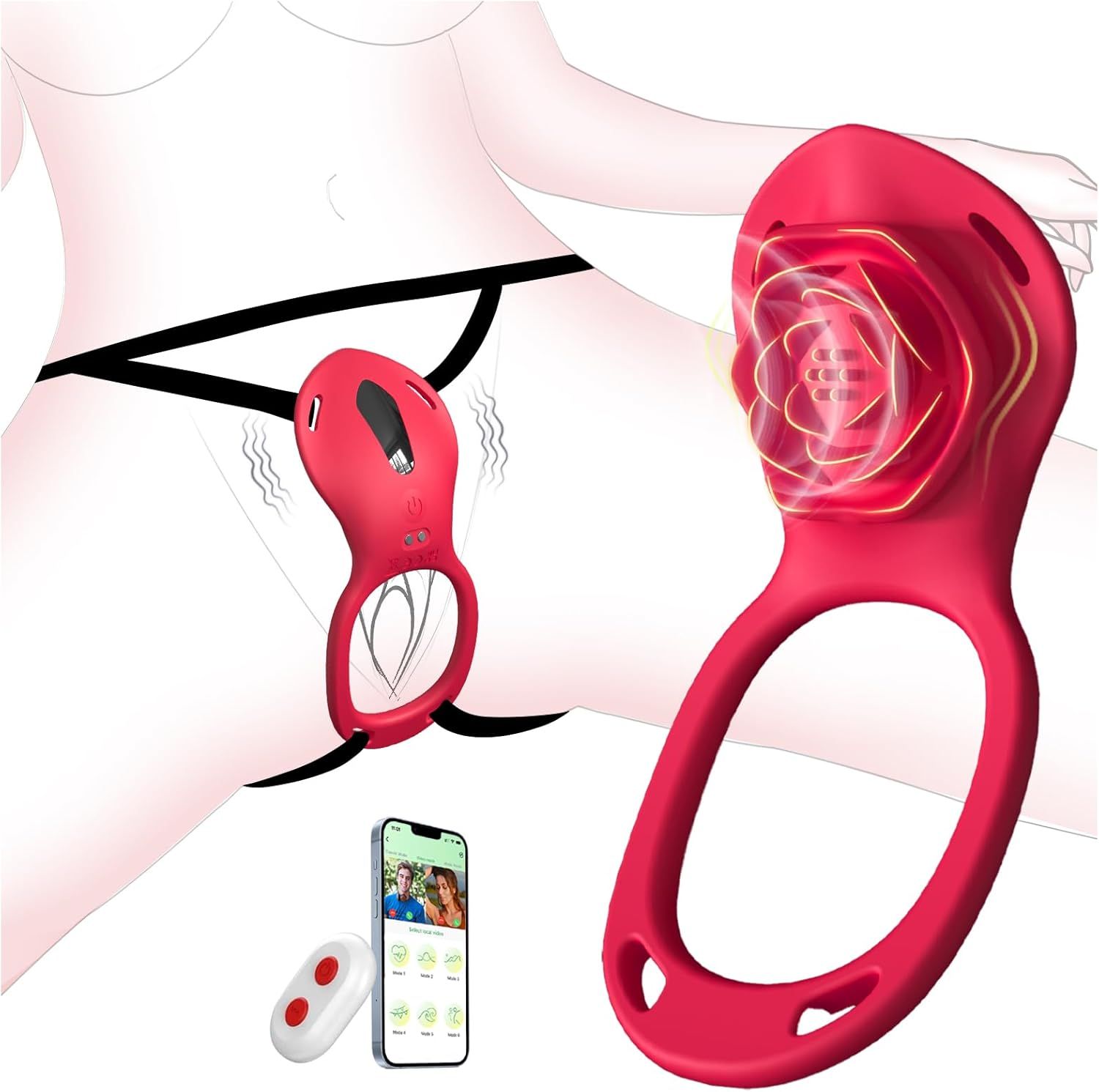 Penisring-Vibrator mit Fernbedienung und Smartphone. Vibrator mit Rosen-Design. Smartphone mit App-Oberfläche.
