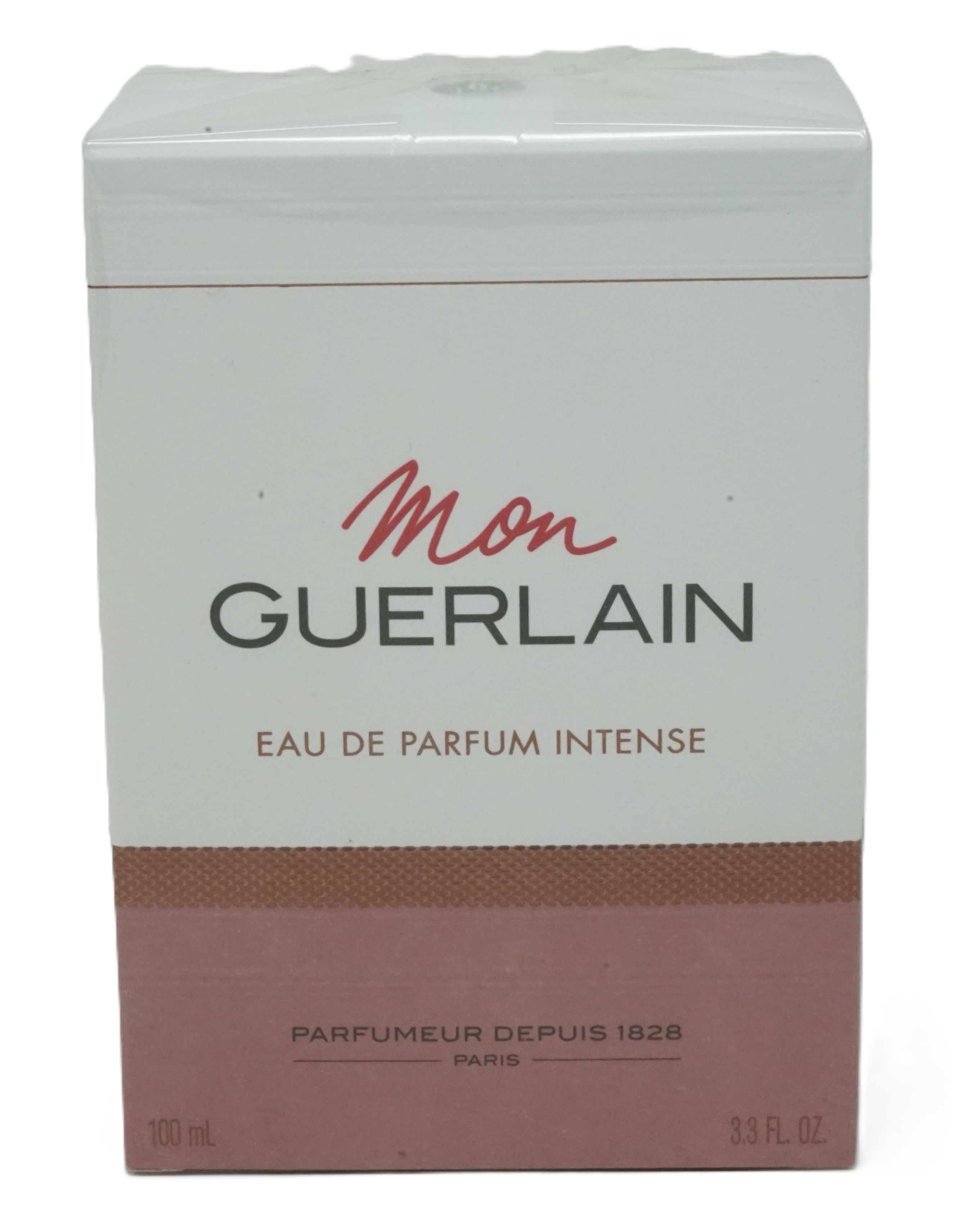 Verpackung von Mon Guerlain Intense Eau de Parfum. Weiß-rosa rechteckige Schachtel mit Markenlogo und Text.