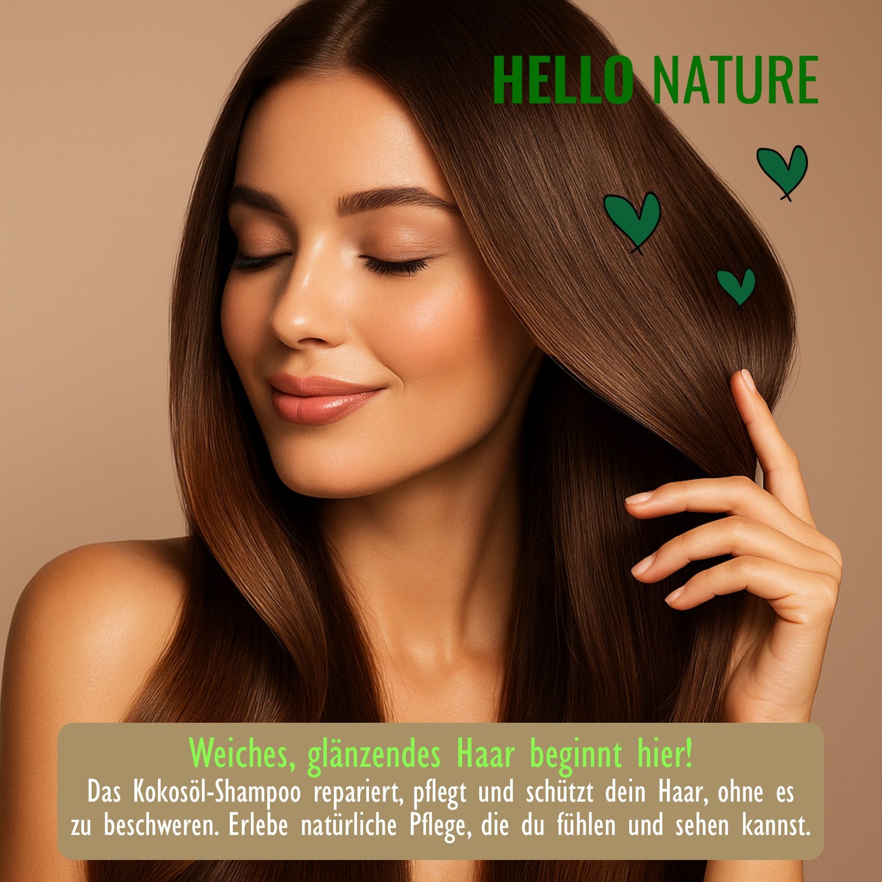 Frau mit glänzendem Haar. Text: Weiches, glänzendes Haar beginnt hier! Das Kokosöl-Shampoo repariert, pflegt und schützt dein Haar.