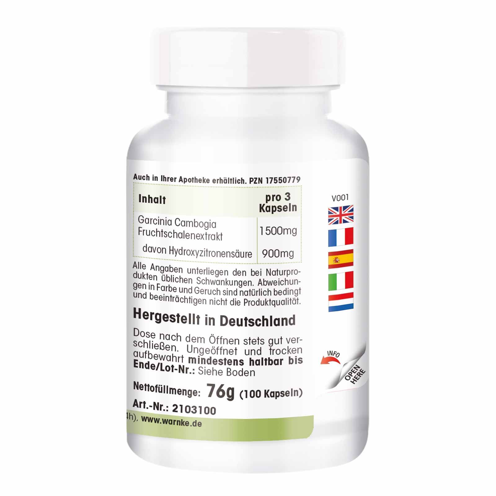 Rückseite der Flasche. Text: Inhalt, Warnke Vitalstoffe, hergestellt in Deutschland. Flaggen: Frankreich, Spanien, Italien.