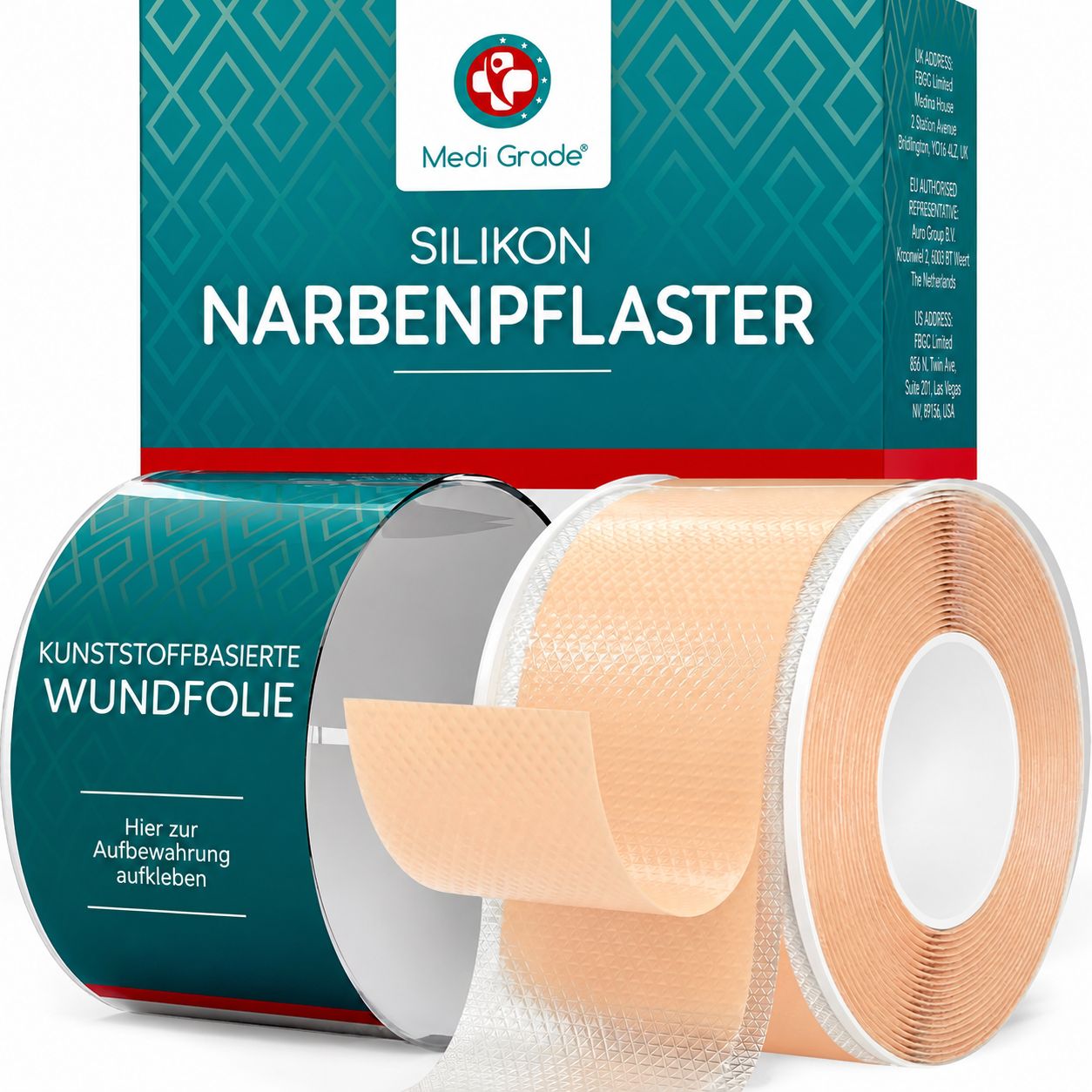 Verpackung und Rollen von Silikon-NarbPflastern. Eine Rolle ist teilweise abgerollt.