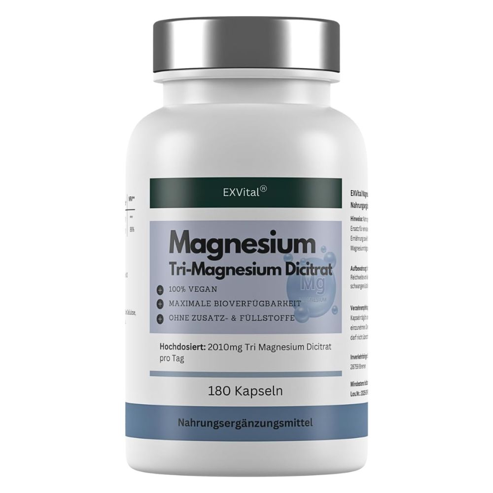 Weiße Flasche mit silbernem Deckel. Aufschrift: Magnesium Tri-Magnesium Dicitrat, 180 Kapseln. Nahrungsergänzungsmittel.