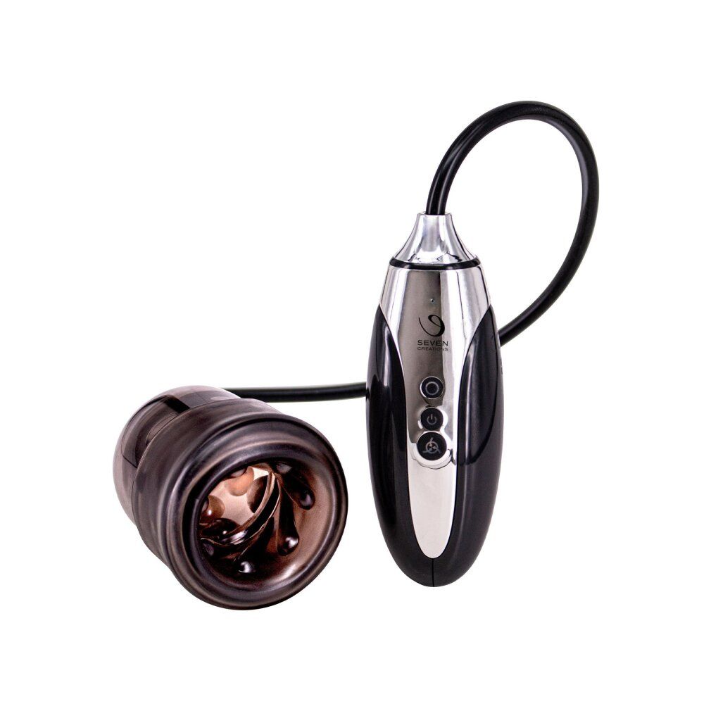 Schwarze Pumpe mit silbernen Akzenten und Steuerung. Transparenter Zylinder. Verbunden durch einen schwarzen Schlauch.