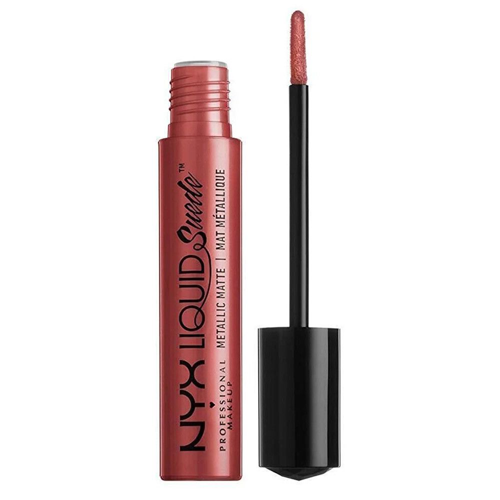 Nyx Liquid Suede Metallic Matte Lippenstift. Rostfarbene Tube mit schwarzem Applikator.