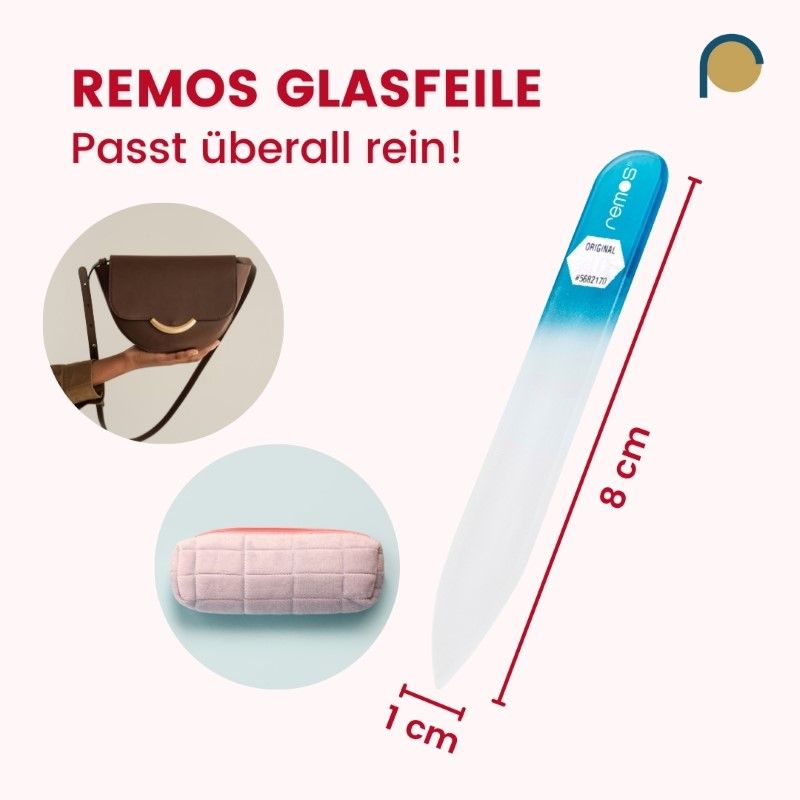 Glasnagelfeile, beidseitig, mit blauem Griff. Maße: 8 cm lang, 1 cm breit. Text: "REMOS GLASFEILE Passt überall rein!".