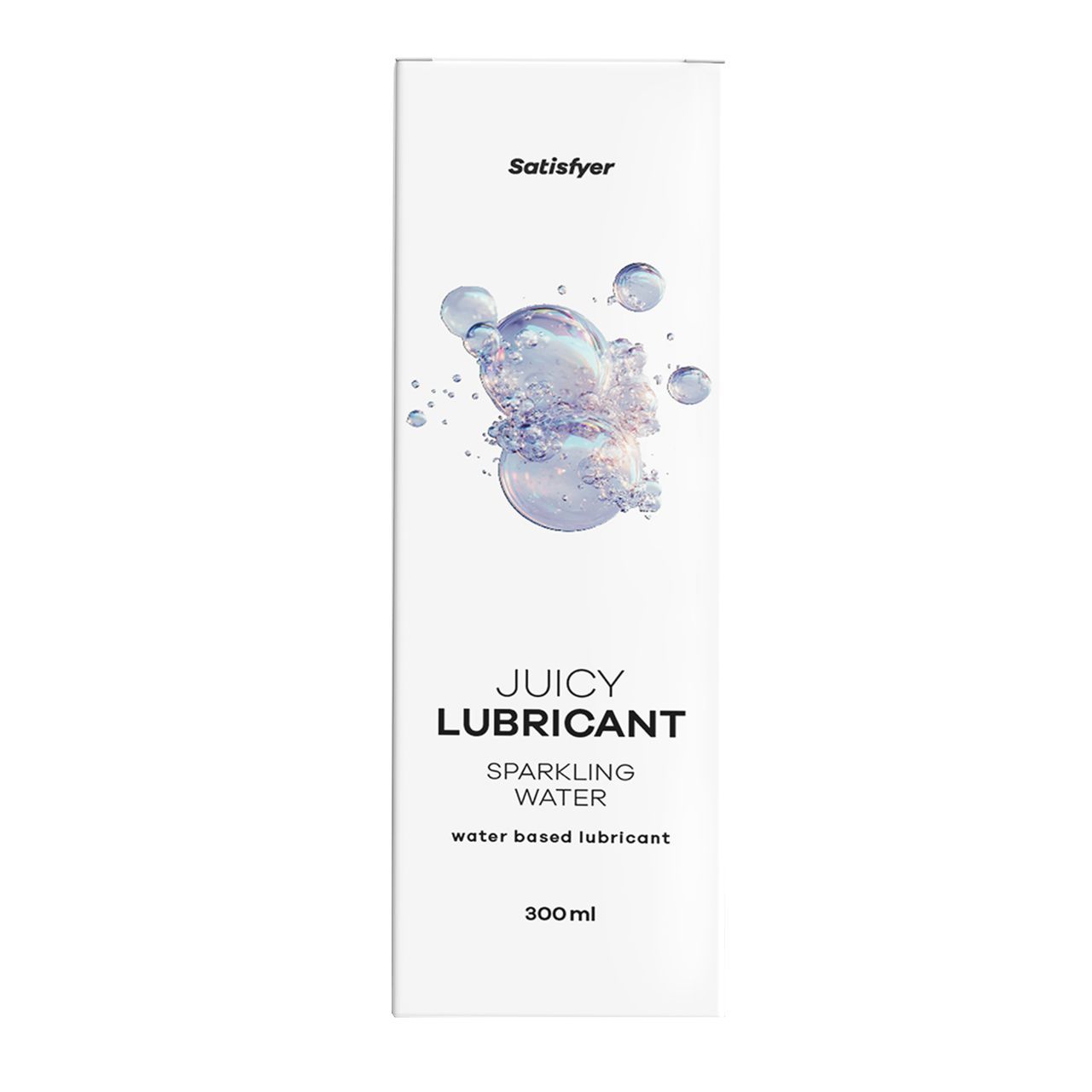 Weißer Karton mit Produktbezeichnung Juicy Lubricant, Sparkling Water. Marke Satisfyer. 300ml.