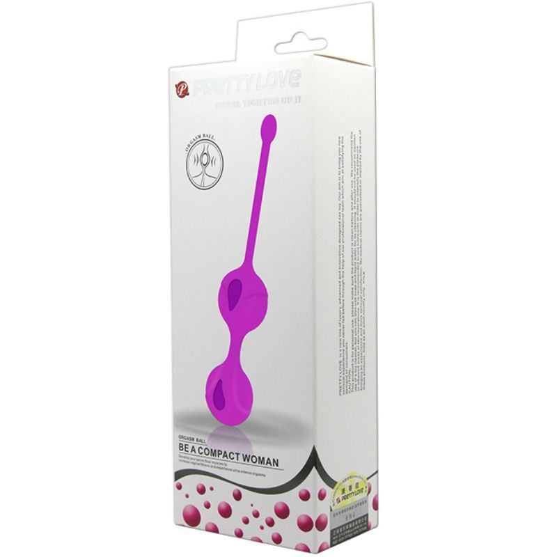 Verpackung mit violetten Kegel-Übungsbällen. Text: Pretty Love, Kegel Tighten Up II Balls. Be a compact woman.