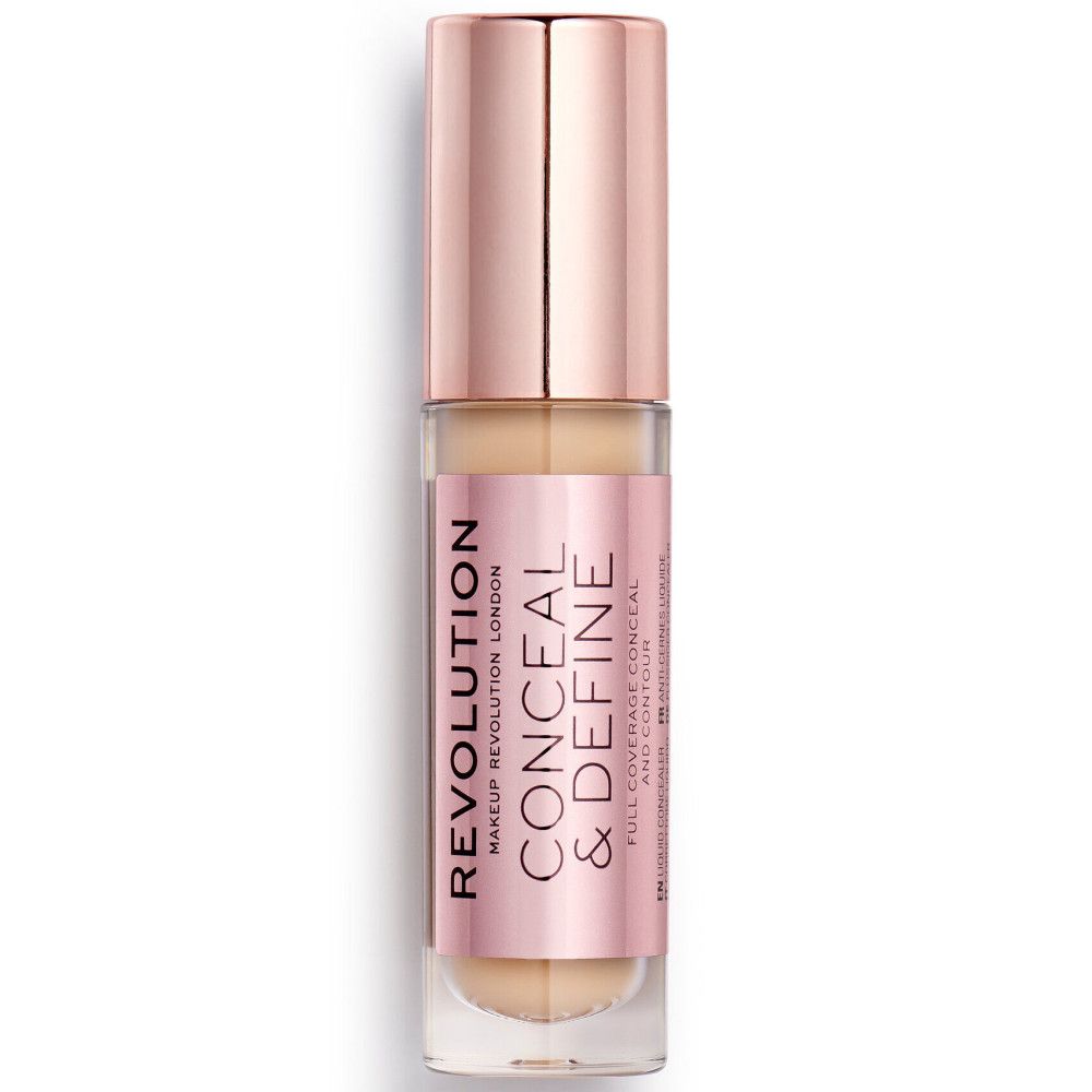 Concealer-Fläschchen mit roségoldfarbenem Deckel. Aufschrift: REVOLUTION CONCEAL & DEFINE.
