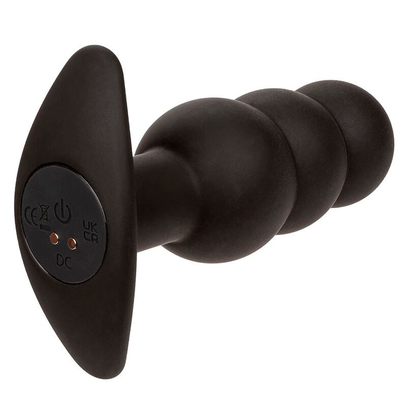Schwarzer Analplug mit drei Perlen und T-förmiger Basis. Mit Ladeanschluss.