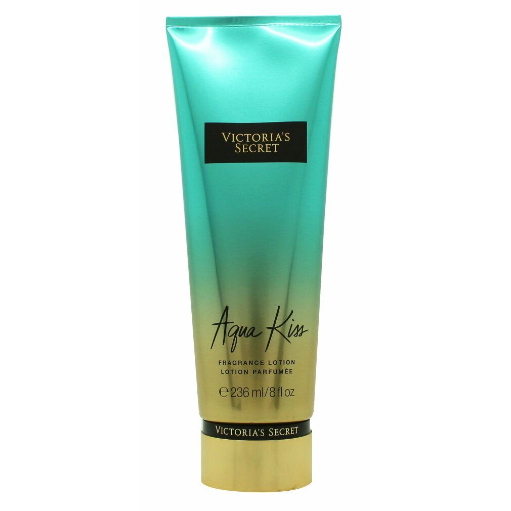 Körperlotion-Tube, blau-goldener Farbverlauf. Aufschrift: Victoria's Secret Aqua Kiss, 236 ml.