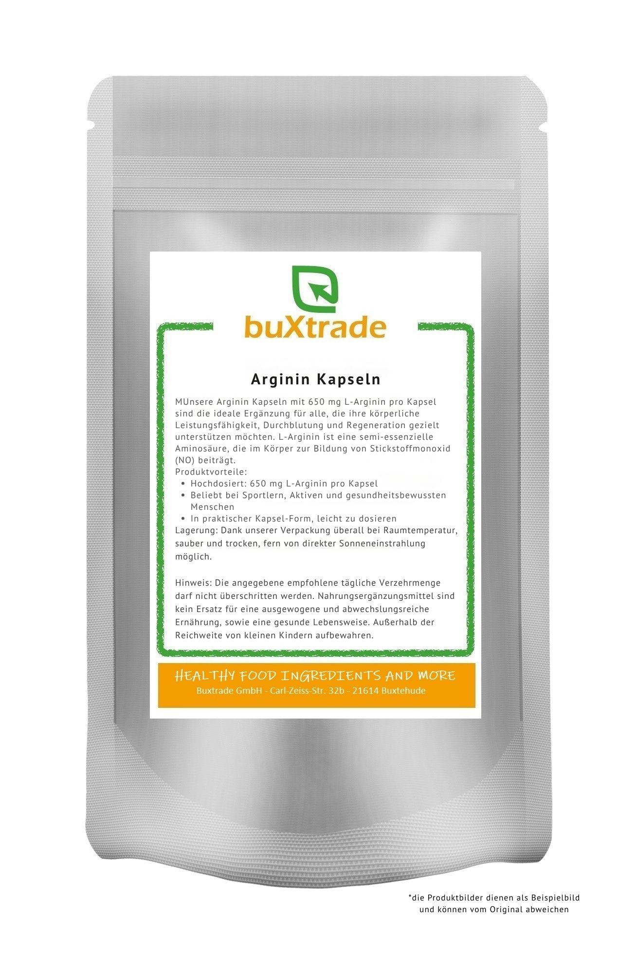 Beutel mit Produktetikett. Text: buXtrade, Arginin Kapseln, 650 mg L-Arginin pro Kapsel.