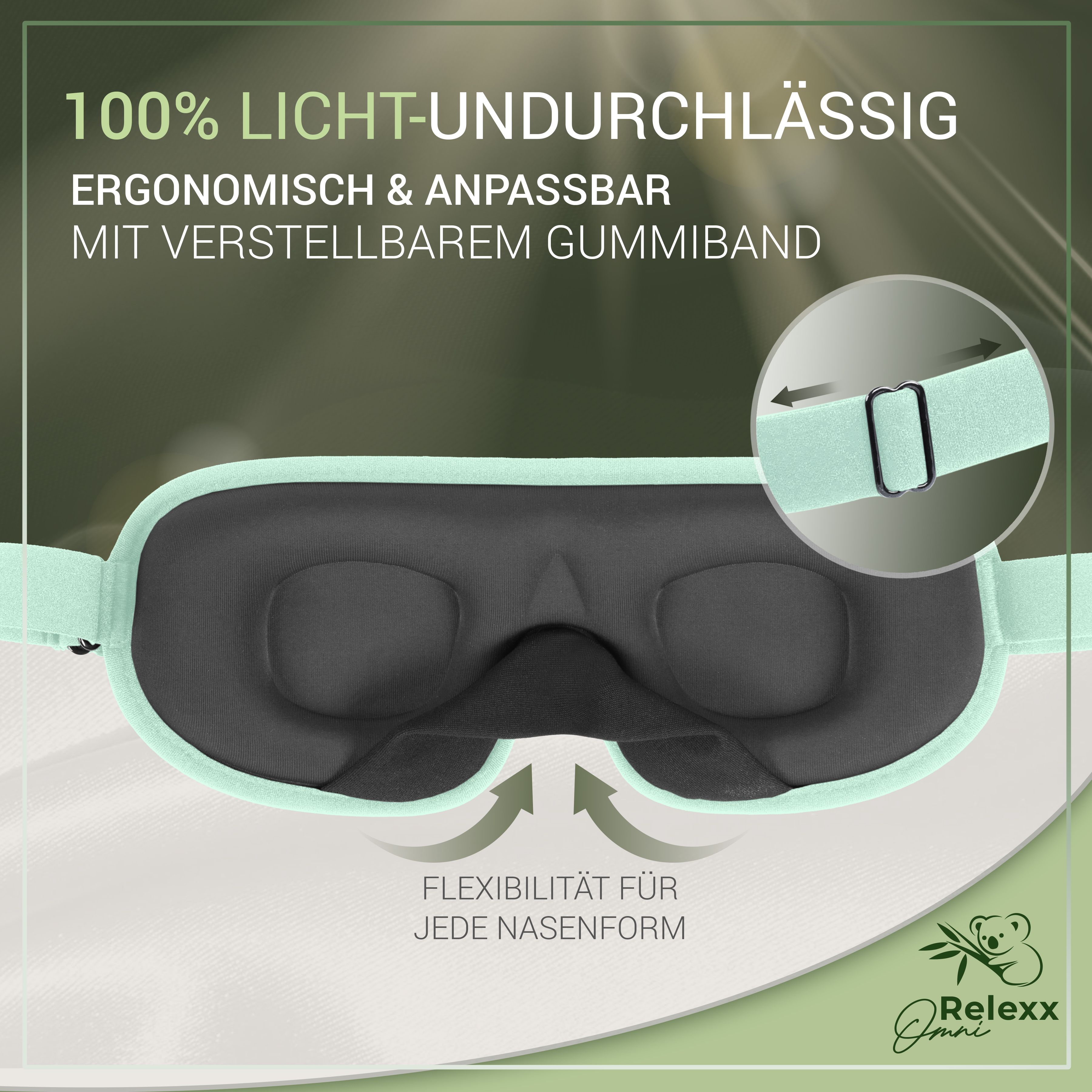 Hellgrüne Schlafmaske. Ergonomisch, anpassbar, verstellbares Gummiband. Flexibilität für jede Nasenform. Logo Relexx Omni.