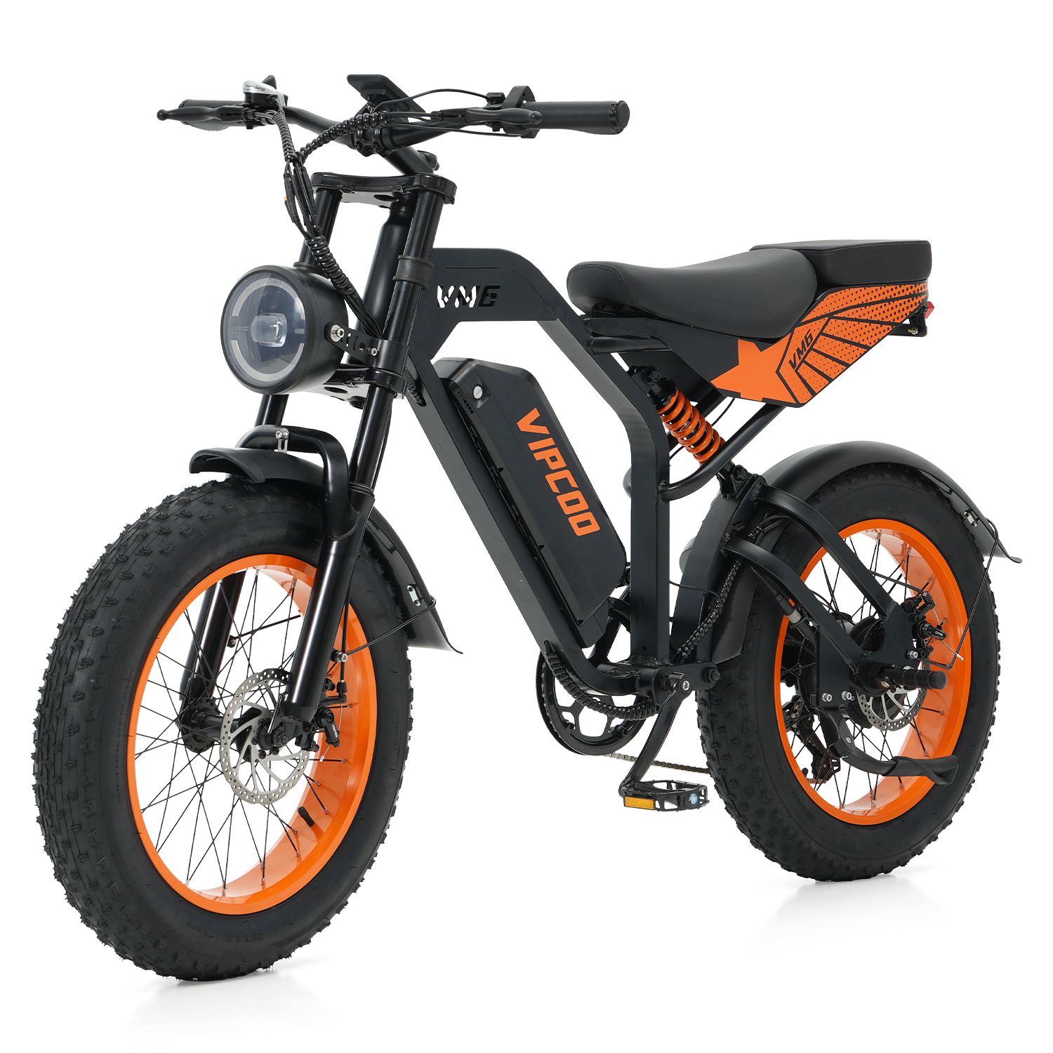 Schwarzes E-Bike mit orangefarbenen Felgen. VIPCOO ist auf dem Rahmen zu sehen. Modell VM6.