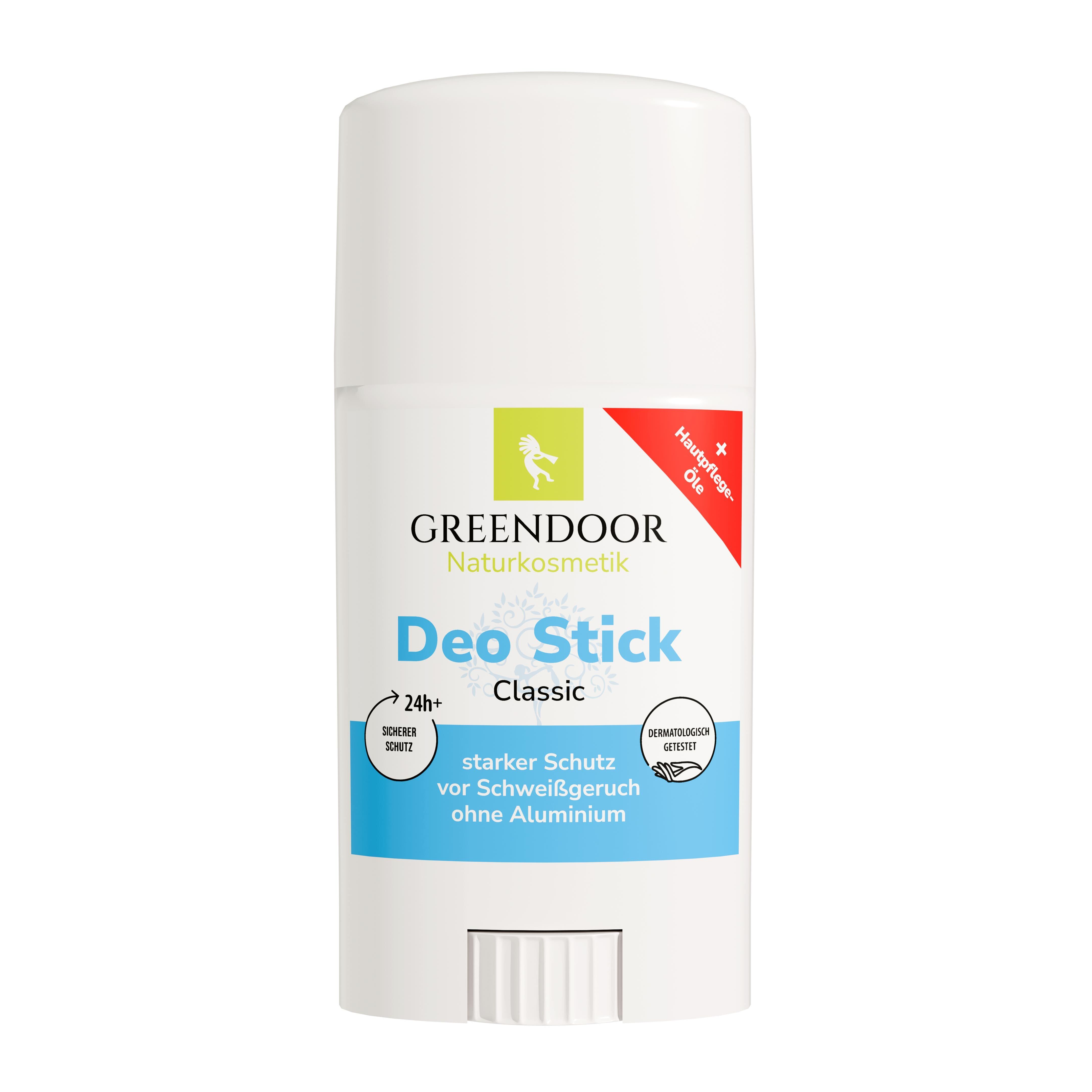 Deo Stick Classic von GREENDOOR. Weißer Stift mit blauer und grüner Beschriftung. Enthält Informationen zu Inhaltsstoffen und Schutz.