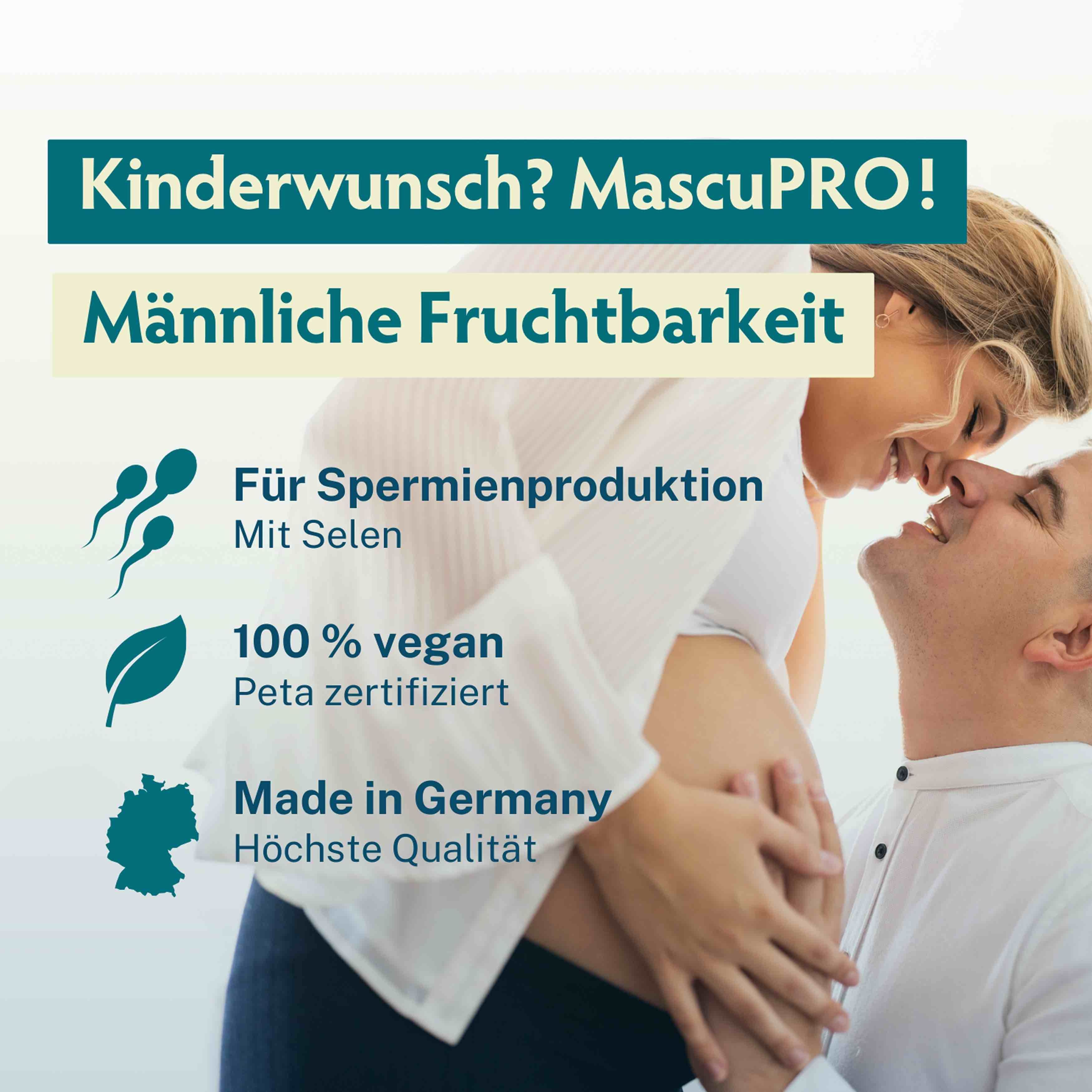 Paar mit Babybauch, Symbole für Spermien, Blatt, Deutschlandkarte, "Made in Germany".