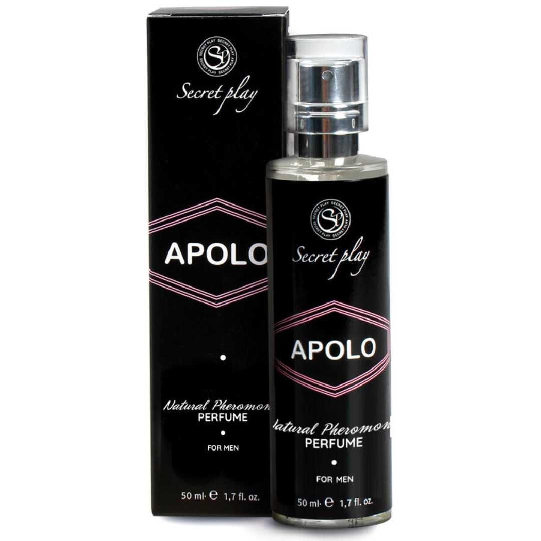 Parfümflasche und Schachtel. Schwarze Verpackung mit rosa Akzenten und Text: "APOLO", "Secret Play".
