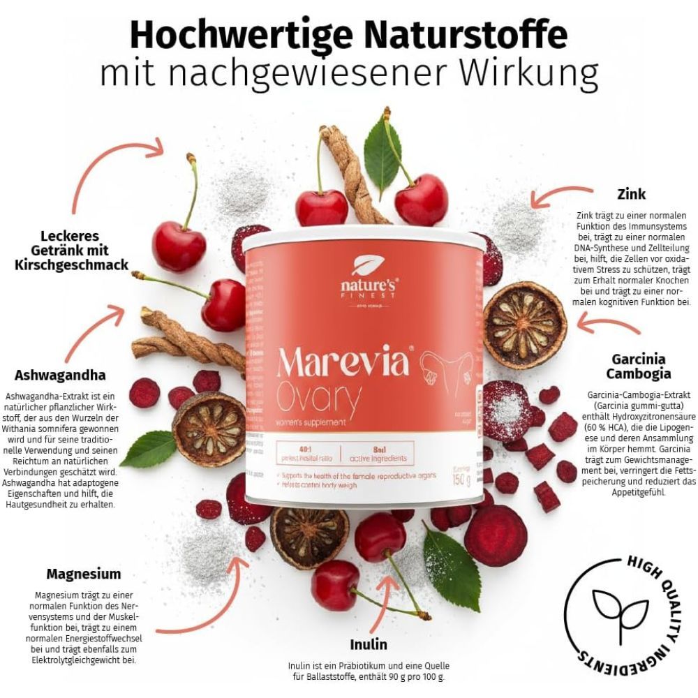 Dose Nature's Finest Marevia Ovary, umgeben von Kirschen, Zimt, Beeren. Text: Hochwertige Naturstoffe mit nachgewiesener Wirkung, Inhaltsstoffe.