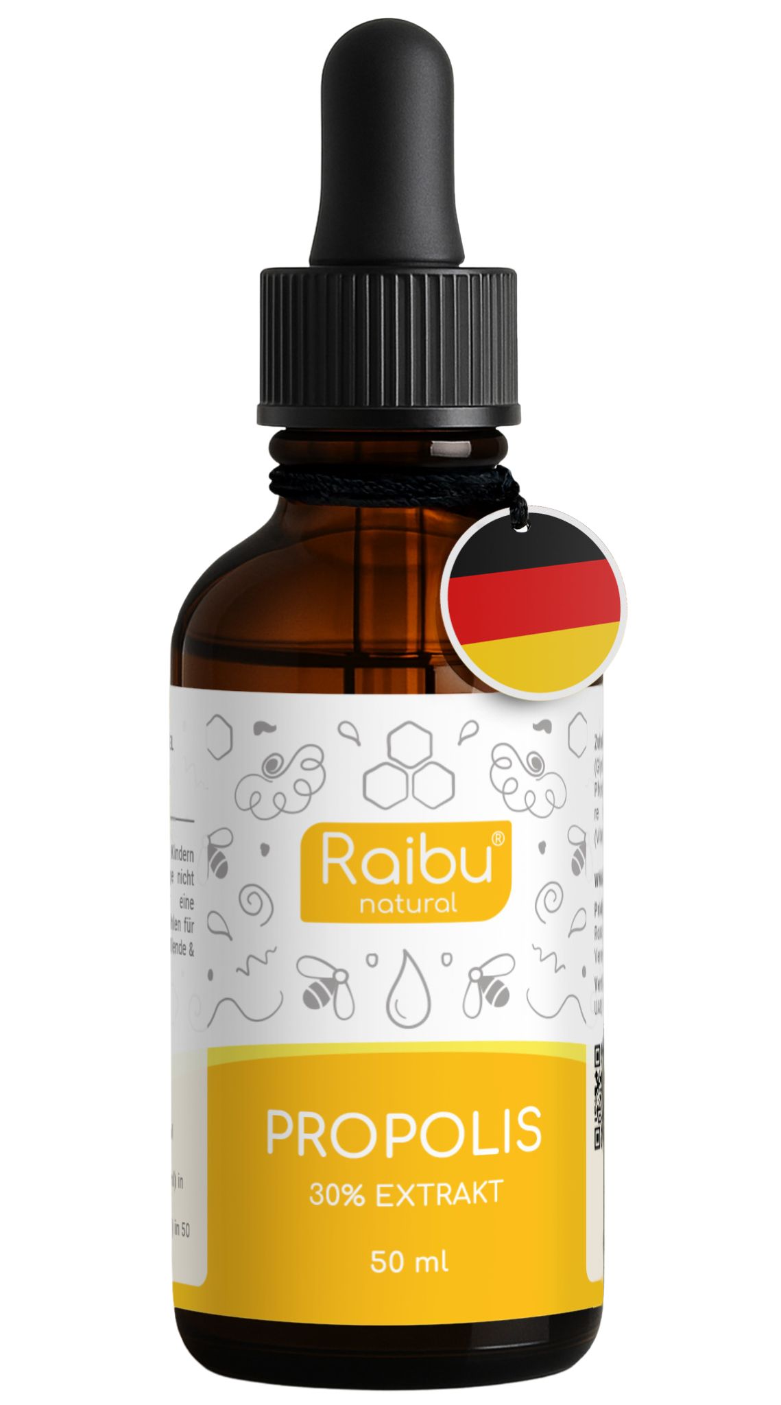 Braune Glasflasche mit Tropfer. Etikett mit Raibu natural und Propolis 30% Extrakt. Deutsche Flagge.