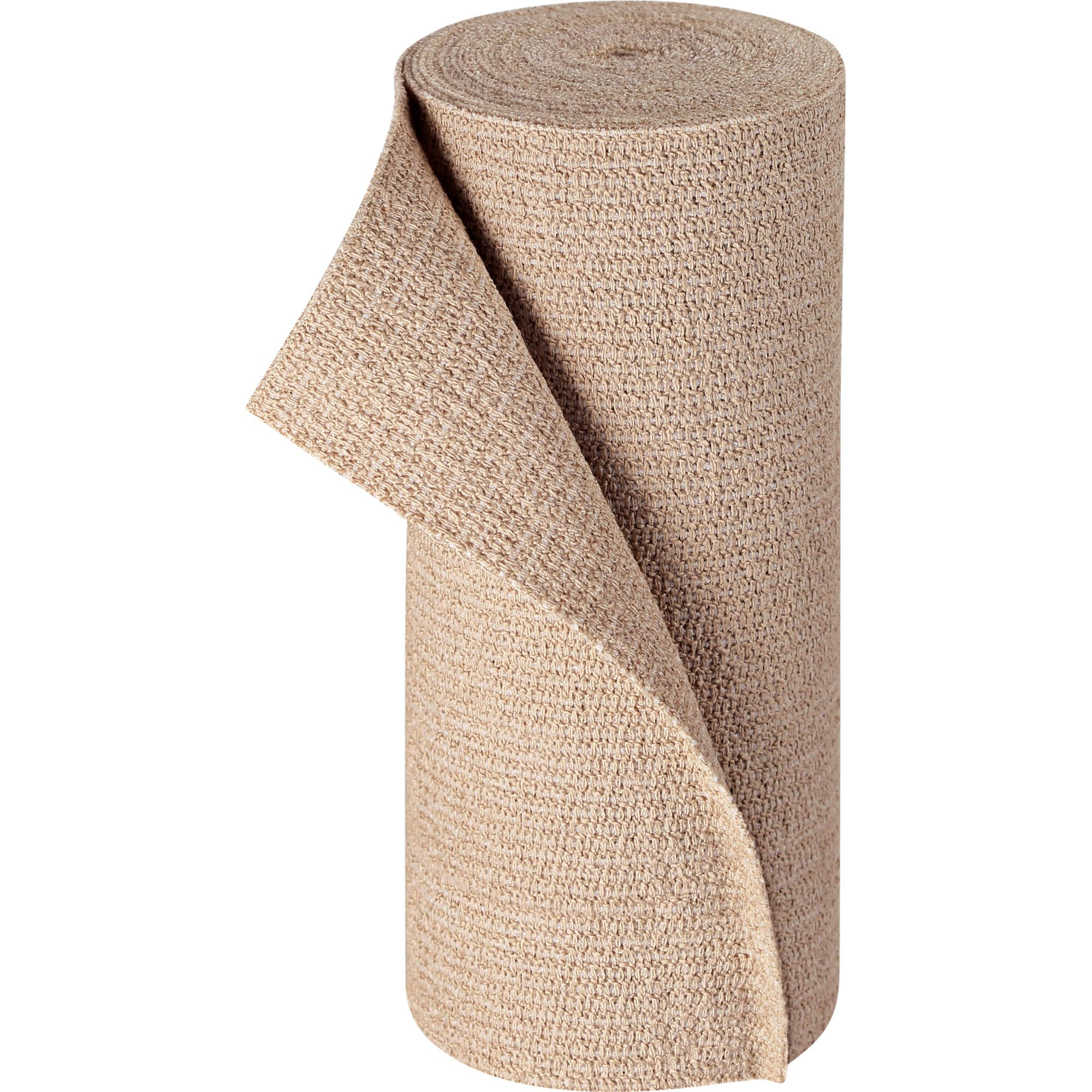 Beige elastische Bandage, gerollt. Ein Ende ist abgerollt. Gewebte Textur.