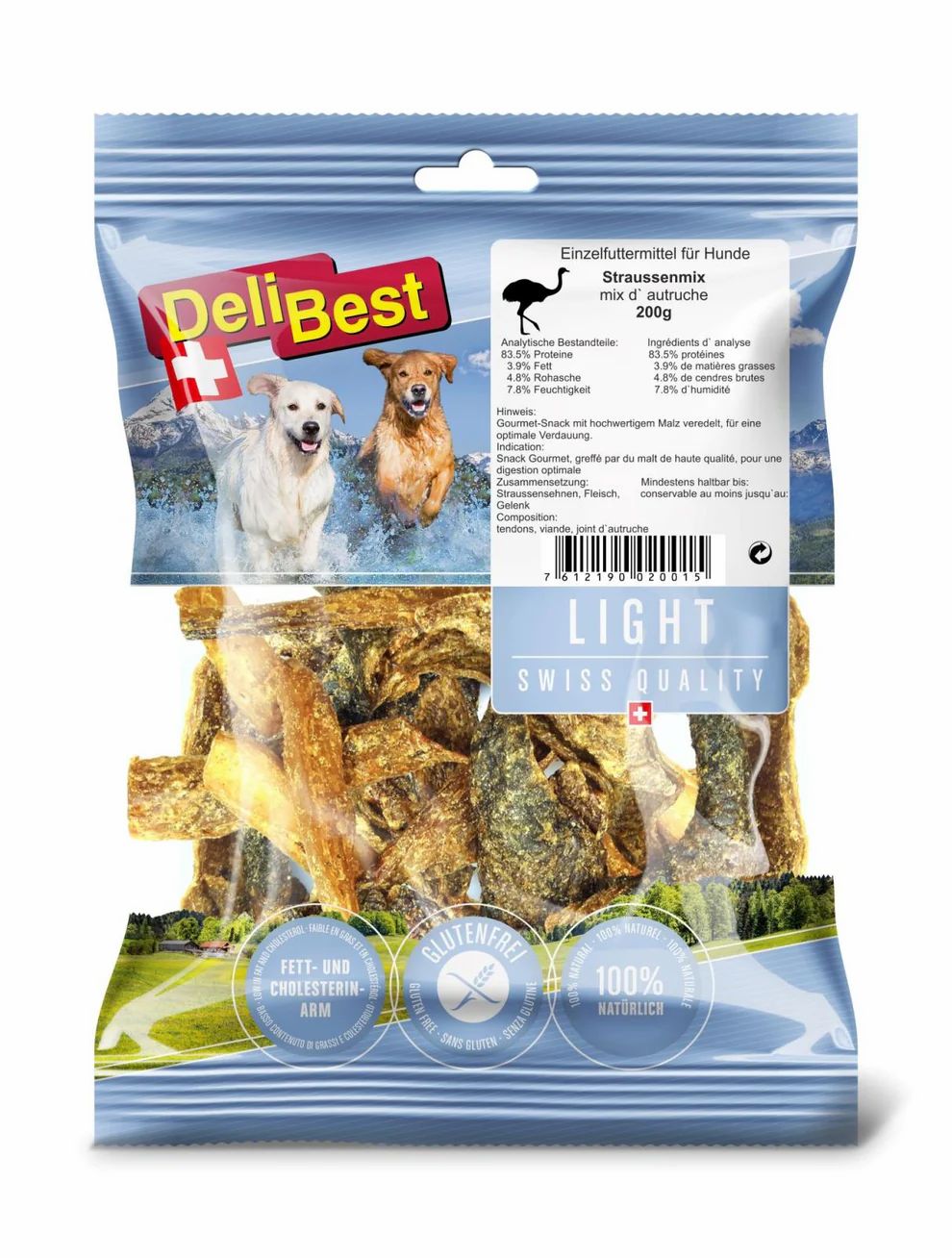 Hundefutter-Beutel DeliBest Straussenmix Light, 200g, glutenfrei, fett- und cholesterinarm.