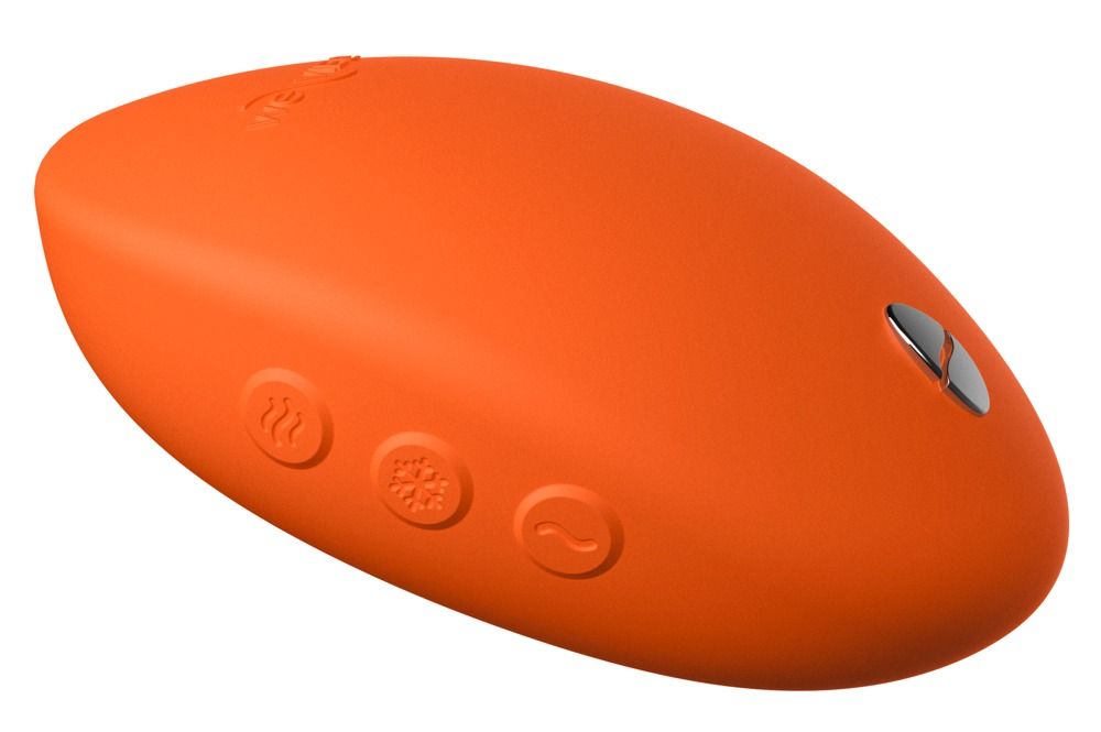 Orangefarbenes, ovales Gerät mit drei Knöpfen und einem silbernen Bereich. Die Oberfläche ist glatt. Die Form ist ergonomisch.