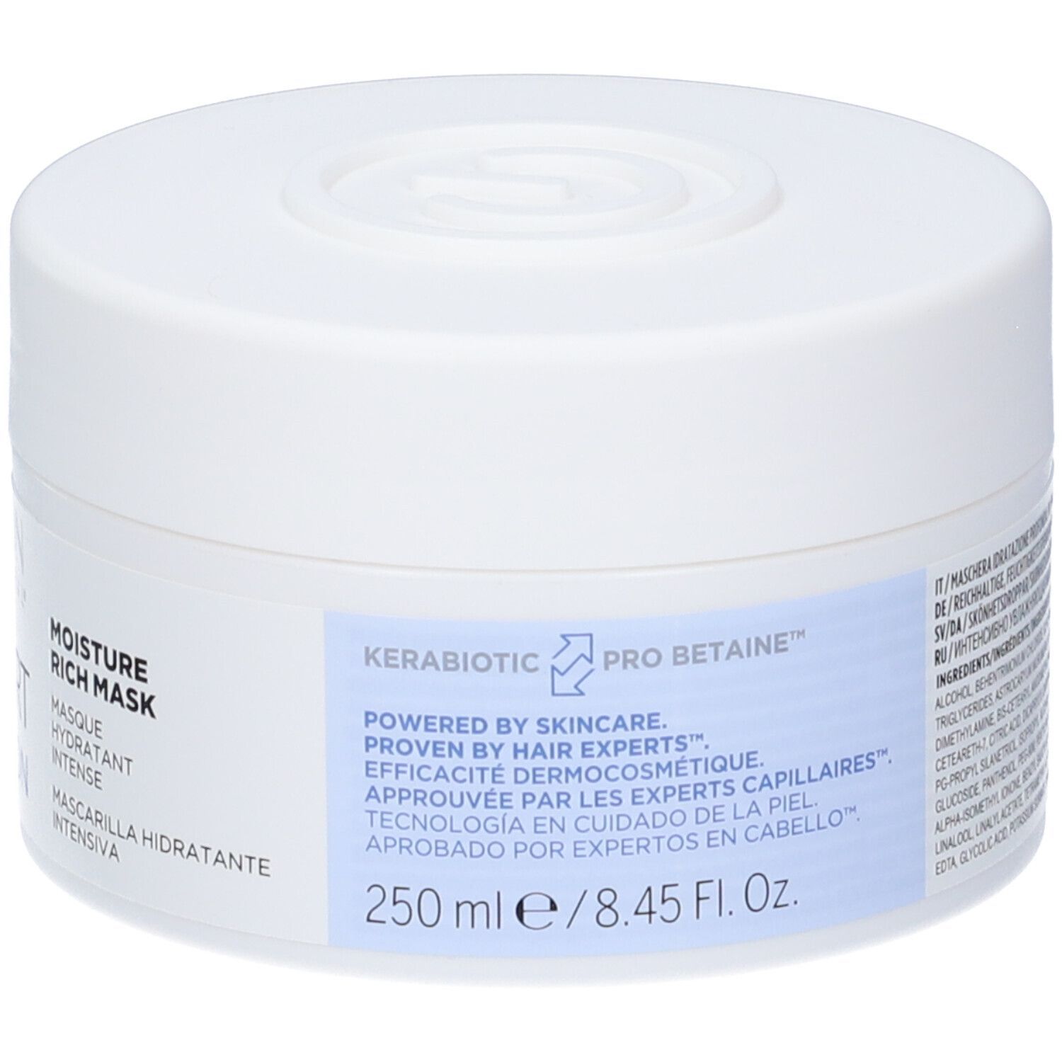 Weißer Tiegel mit Deckel. Aufschrift: RE/START HYDRATION, MOISTURE RICH MASK. 250 ml.