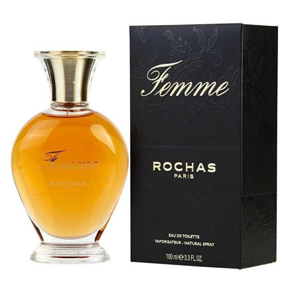 Parfümflakon und Schachtel. Aufschrift "Femme" und "Rochas Paris". Schachtel mit floralem Muster. Flakon bernsteinfarben.