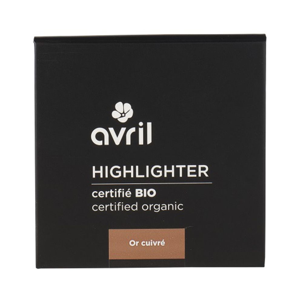 Schwarze Verpackung mit 'Avril' Logo und 'Highlighter' Schriftzug. 'Certifié BIO' und 'Or cuivré' Text.