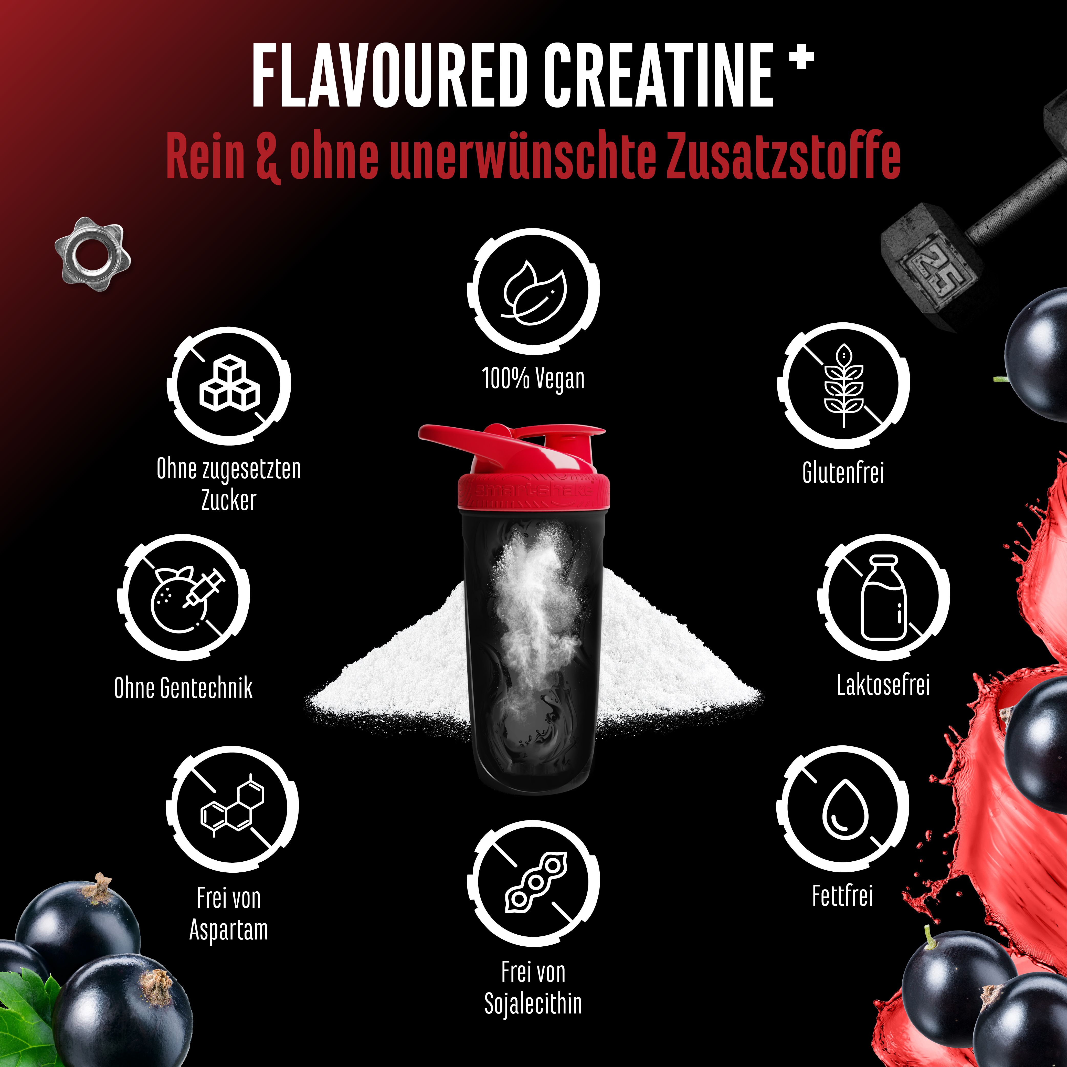 GEN Flavoured Creatine+ Dose, schwarze Johannisbeere. Ohne Zucker, ohne Gentechnik, glutenfrei, vegan. Shaker.