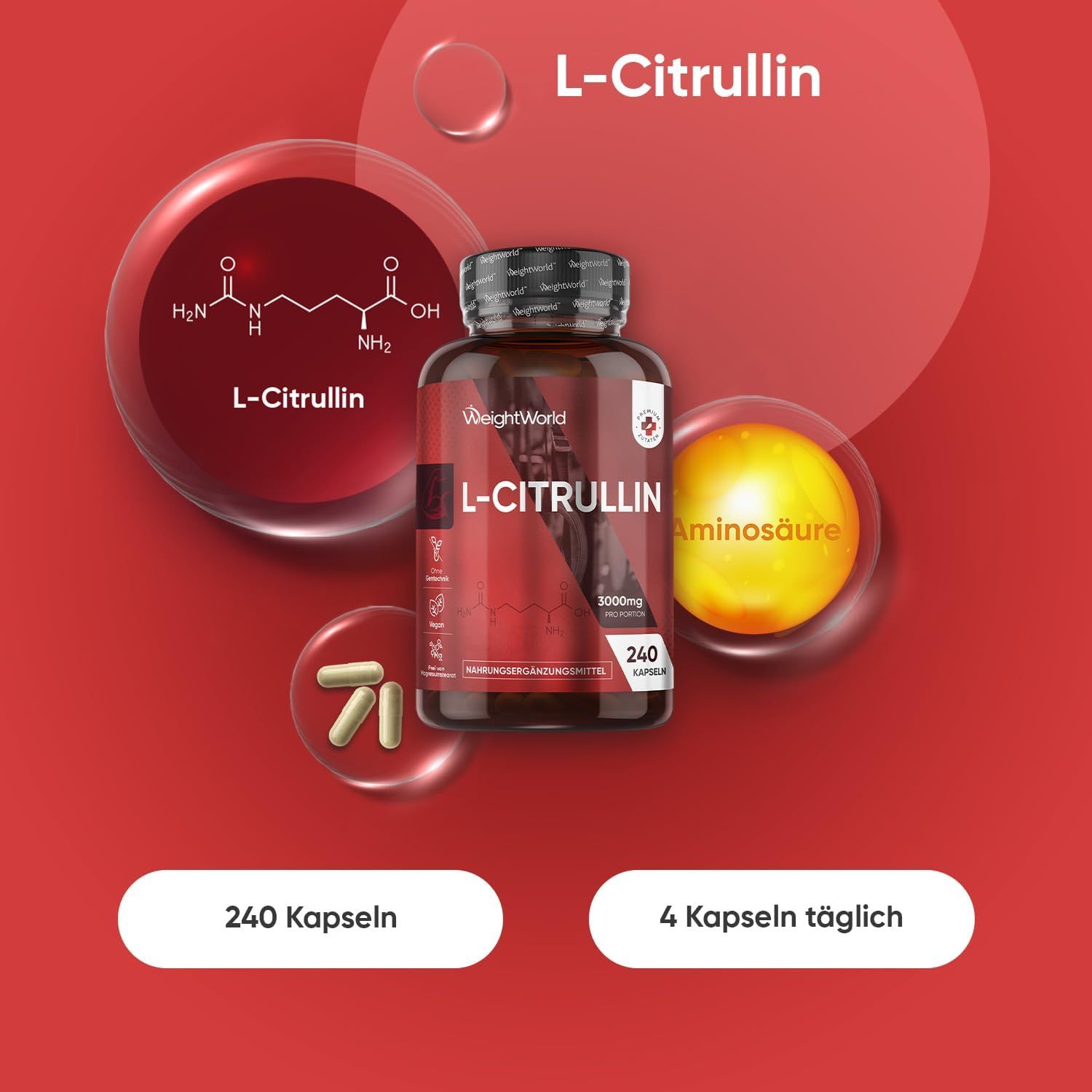 Produktflasche mit L-Citrullin-Kapseln. 240 Kapseln. 4 Kapseln täglich. Roter Hintergrund mit grafischen Elementen.