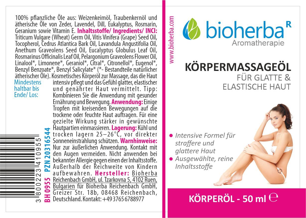 Etikett mit Produktname, Frau und Text. Enthält Inhaltsstoffe und Anwendungshinweise. 50 ml.