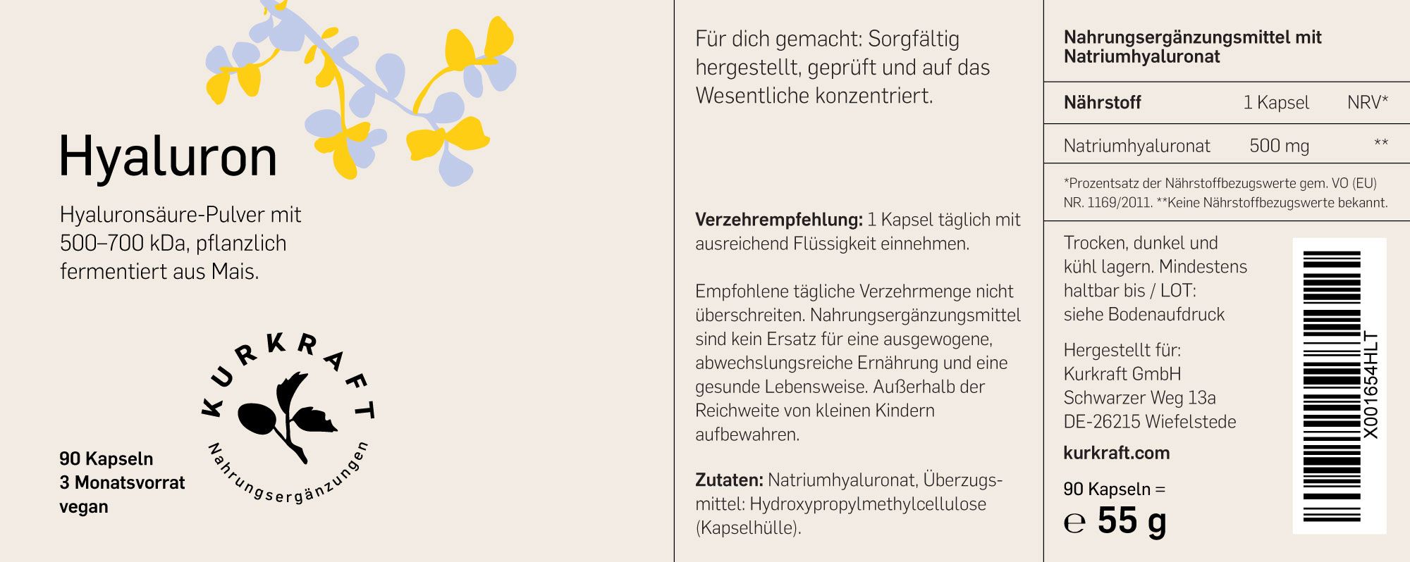 Etikett einer Hyaluron-Flasche. Text: Hyaluron, 90 Kapseln, 3 Monatsvorrat, vegan. Kurkraft Logo.
